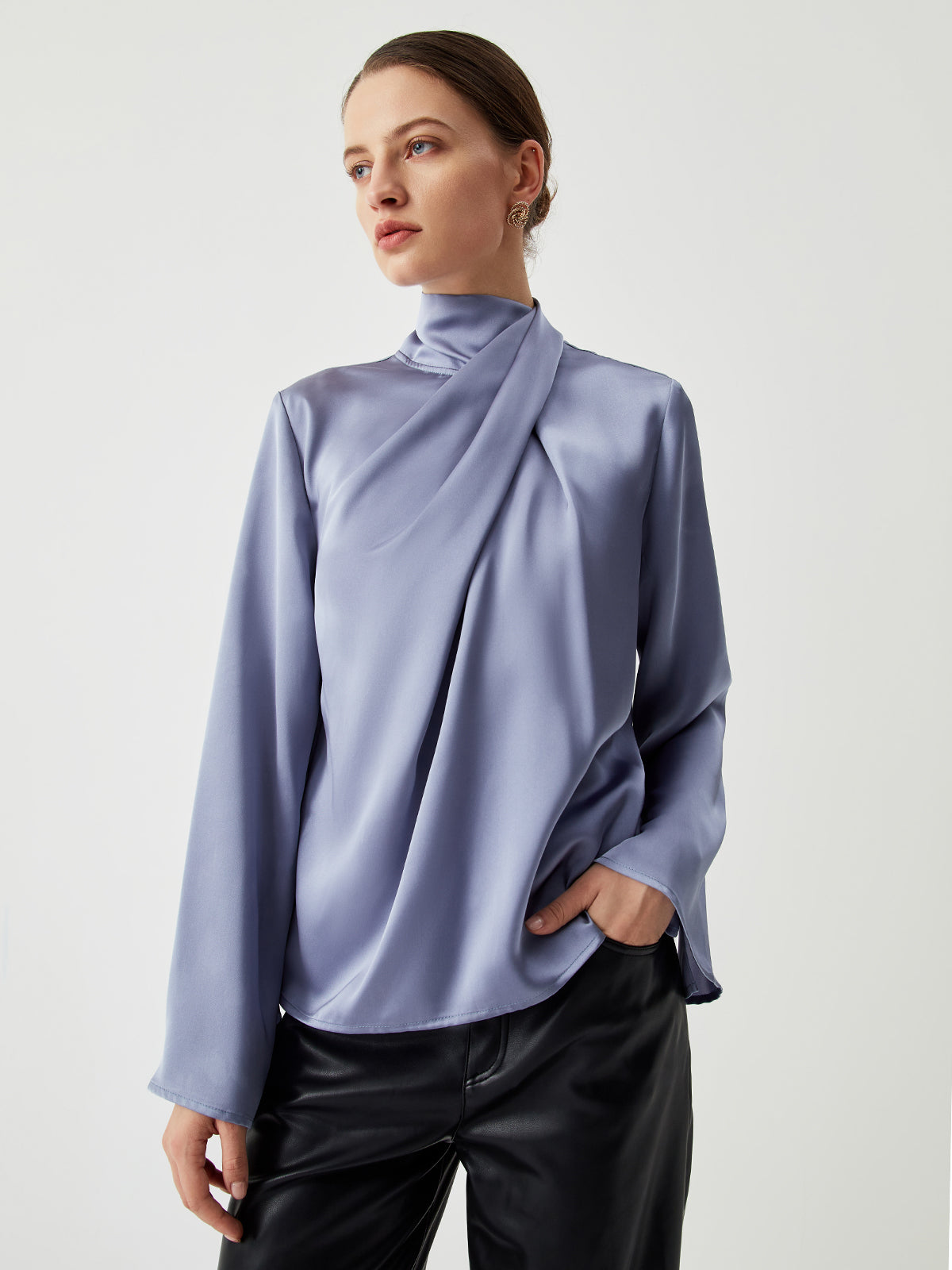 Asymmetric Pleated Turtleneck Satin Blouse Elegant Women's Fashion Top