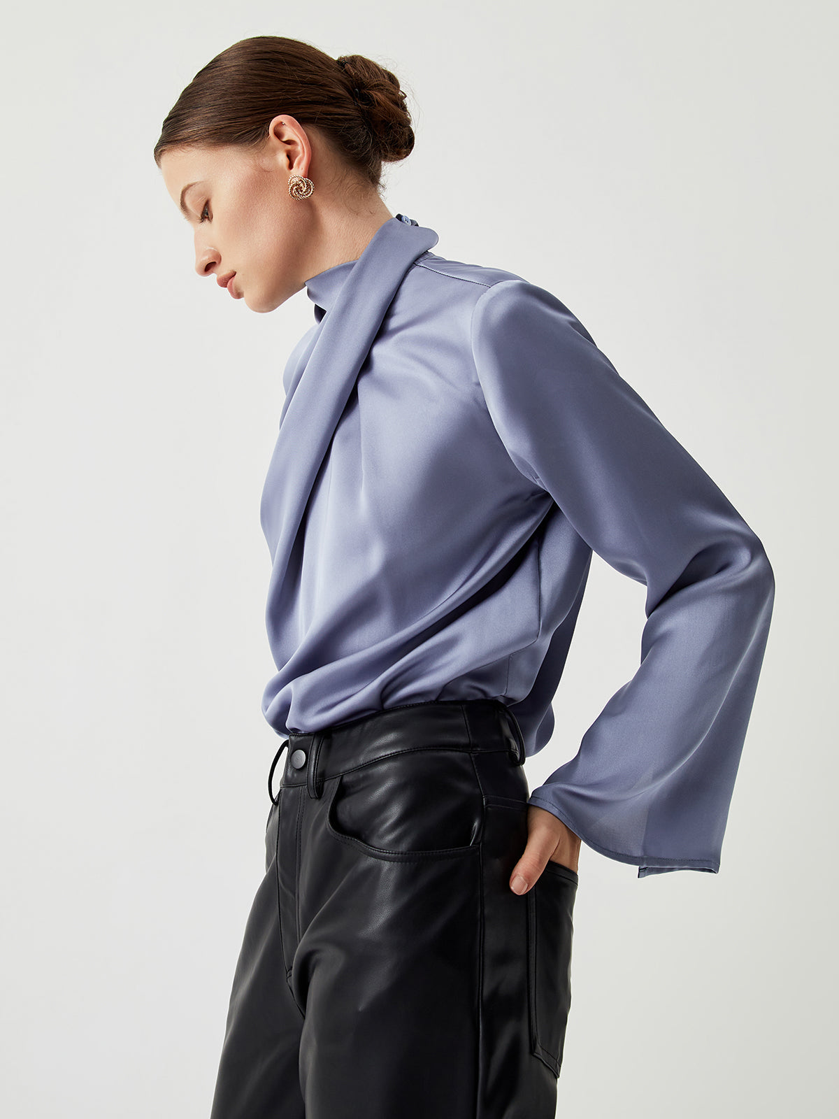 Asymmetric Pleated Turtleneck Satin Blouse Elegant Women's Fashion Top