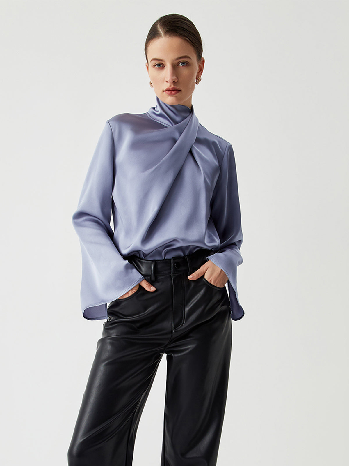 Asymmetric Pleated Turtleneck Satin Blouse Elegant Women's Fashion Top