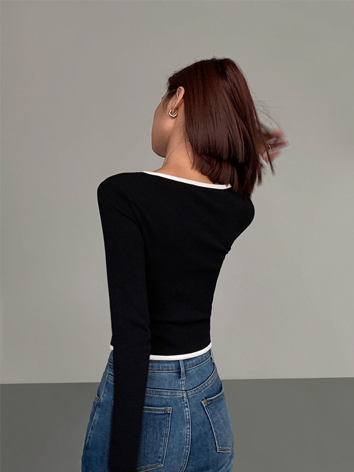 Square Neck Contrast Trim Long Sleeve Knit Shirt for Women Casual Wear