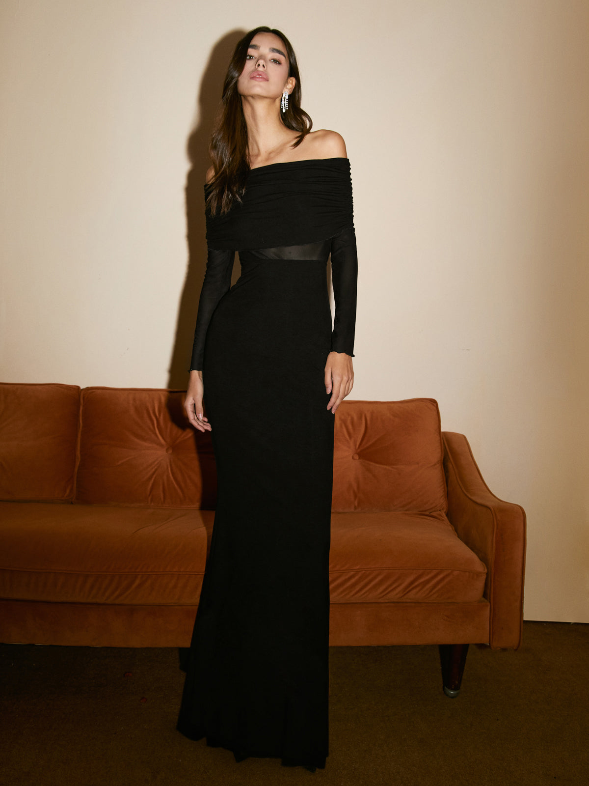 Semi-Sheer Off-Shoulder Mesh Long Sleeve Long Dress for Elegant Evening Wear