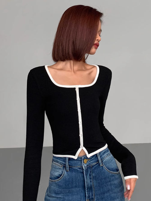 Square Neck Contrast Trim Long Sleeve Knit Shirt for Women Casual Wear