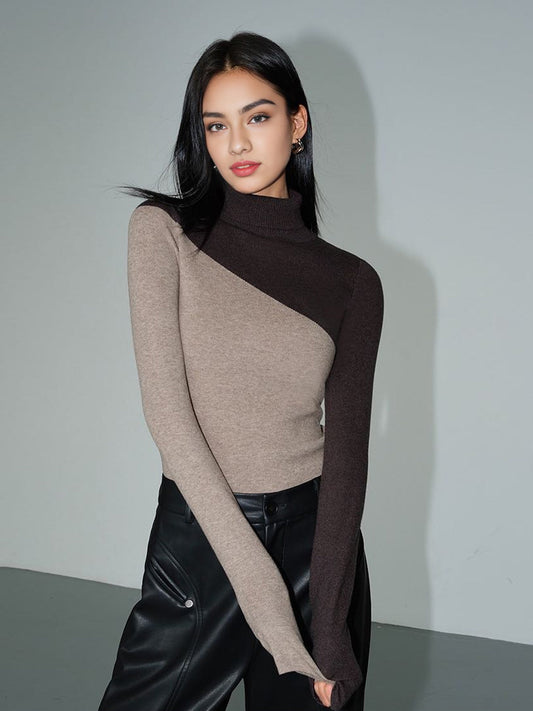 Asymmetric Patchwork Long Sleeve Mock Neck Knit Top Women's Casual Fashion