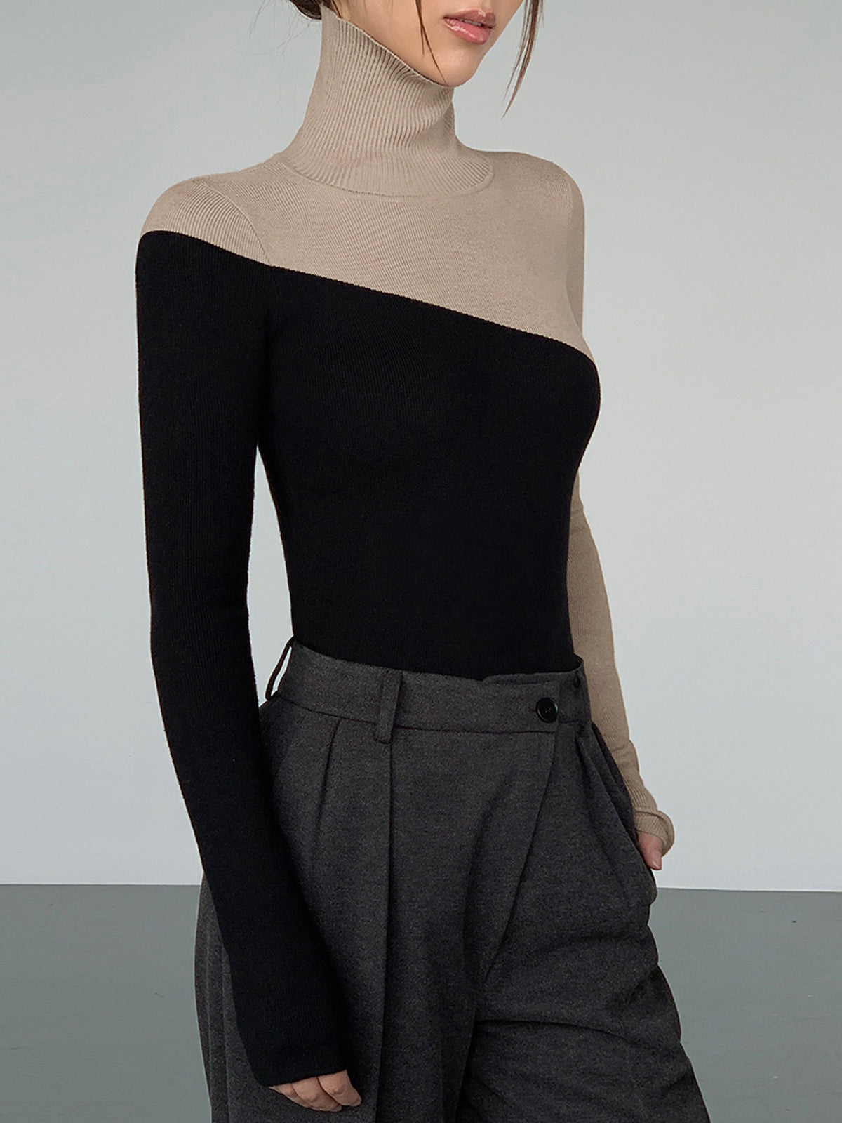 Asymmetric Patchwork Long Sleeve Mock Neck Knit Top Women's Casual Fashion