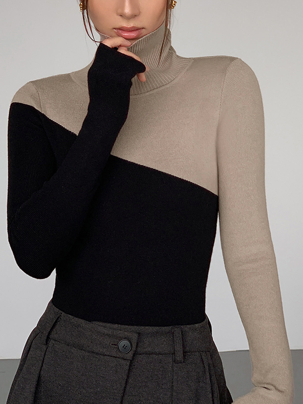 Asymmetric Patchwork Long Sleeve Mock Neck Knit Top Women's Casual Fashion