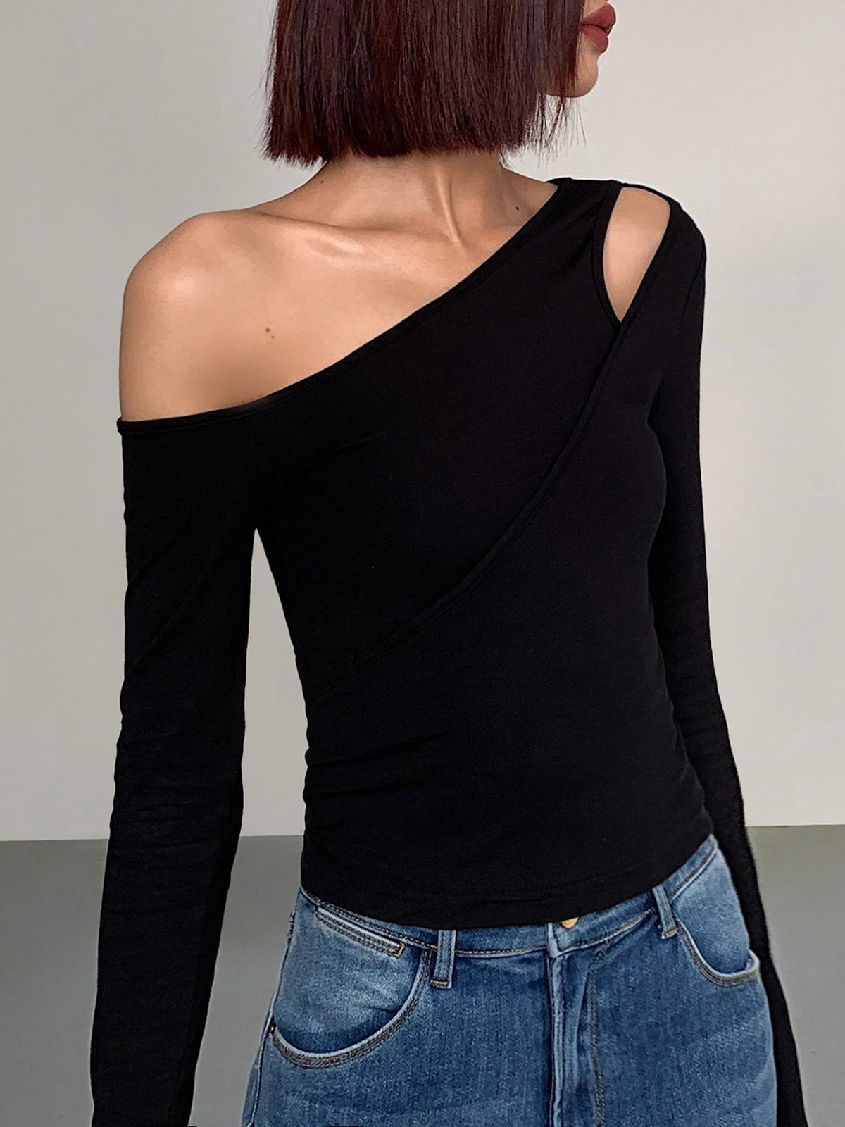 Cut Out Asymmetric Off Shoulder Slinky Long Sleeve Shirt for Women Stylish Top