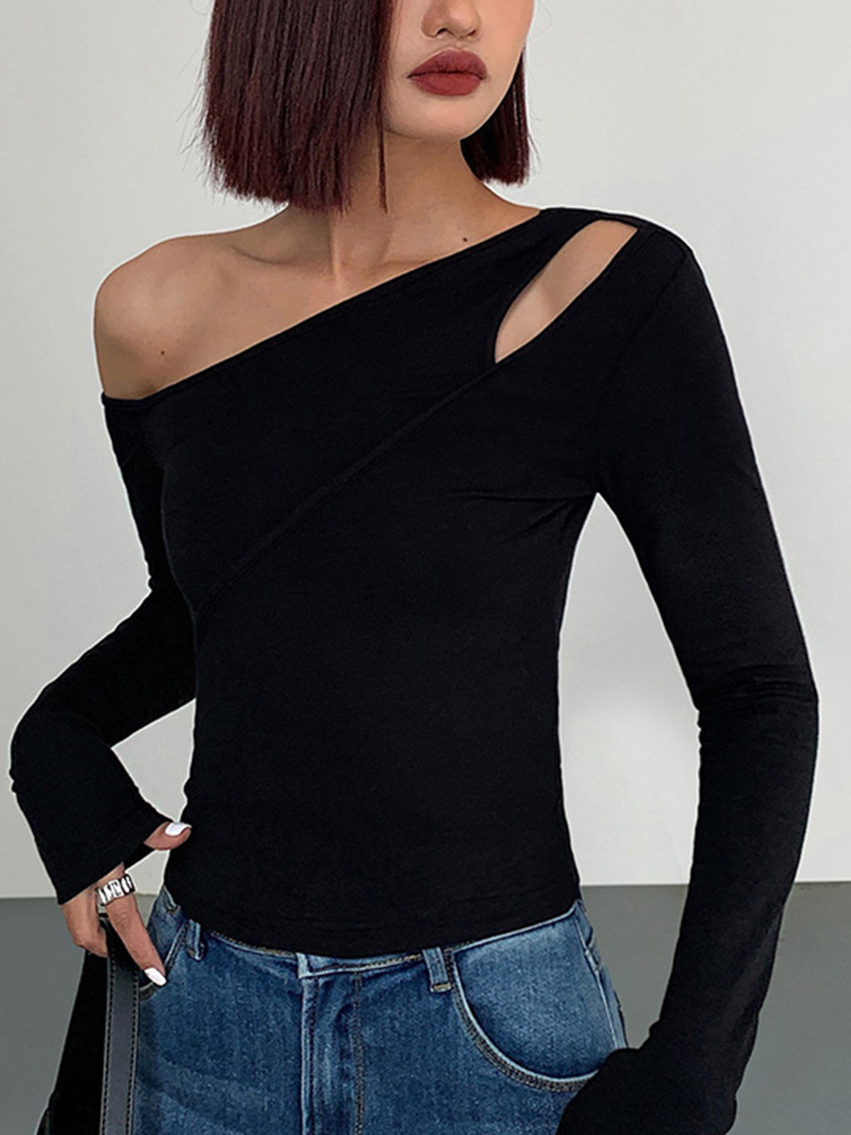 Cut Out Asymmetric Off Shoulder Slinky Long Sleeve Shirt for Women Stylish Top