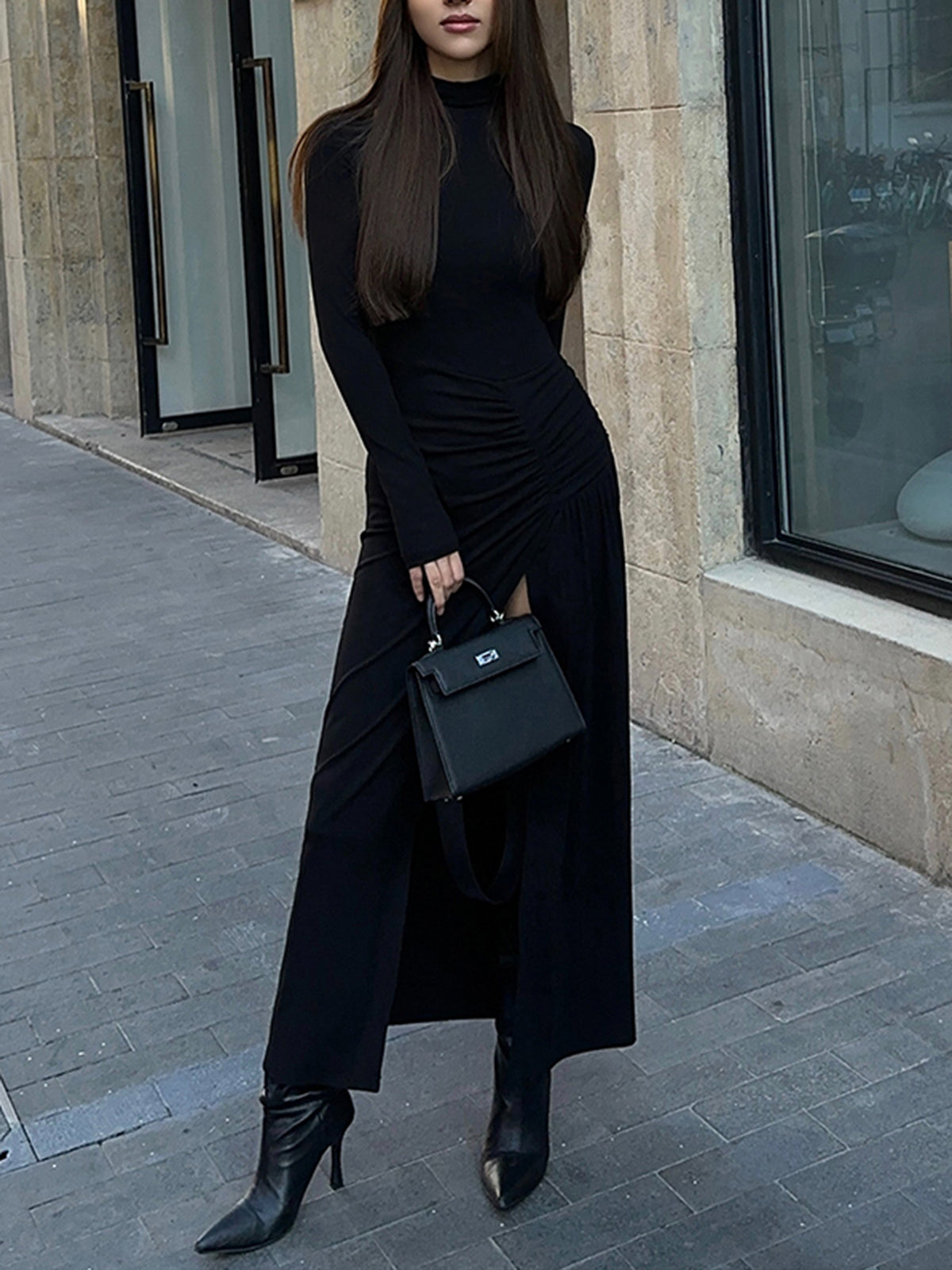 Slit Pleated Long Sleeve Bodycon Mock Neck Long Dress for Women, Elegant Formal Evening Wear