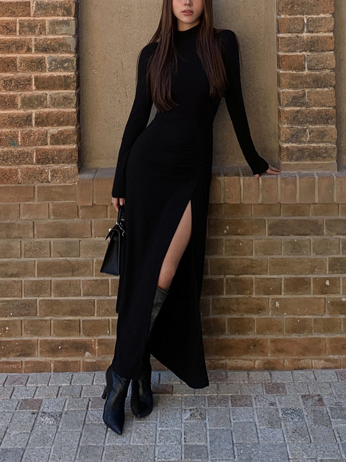 Slit Pleated Long Sleeve Bodycon Mock Neck Long Dress for Women, Elegant Formal Evening Wear