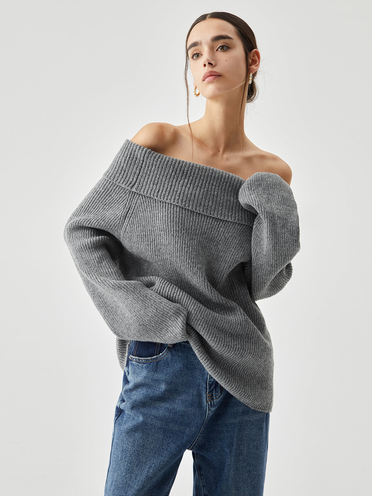 Oversized Overfold Off Shoulder Cozy Knit Sweater for Women