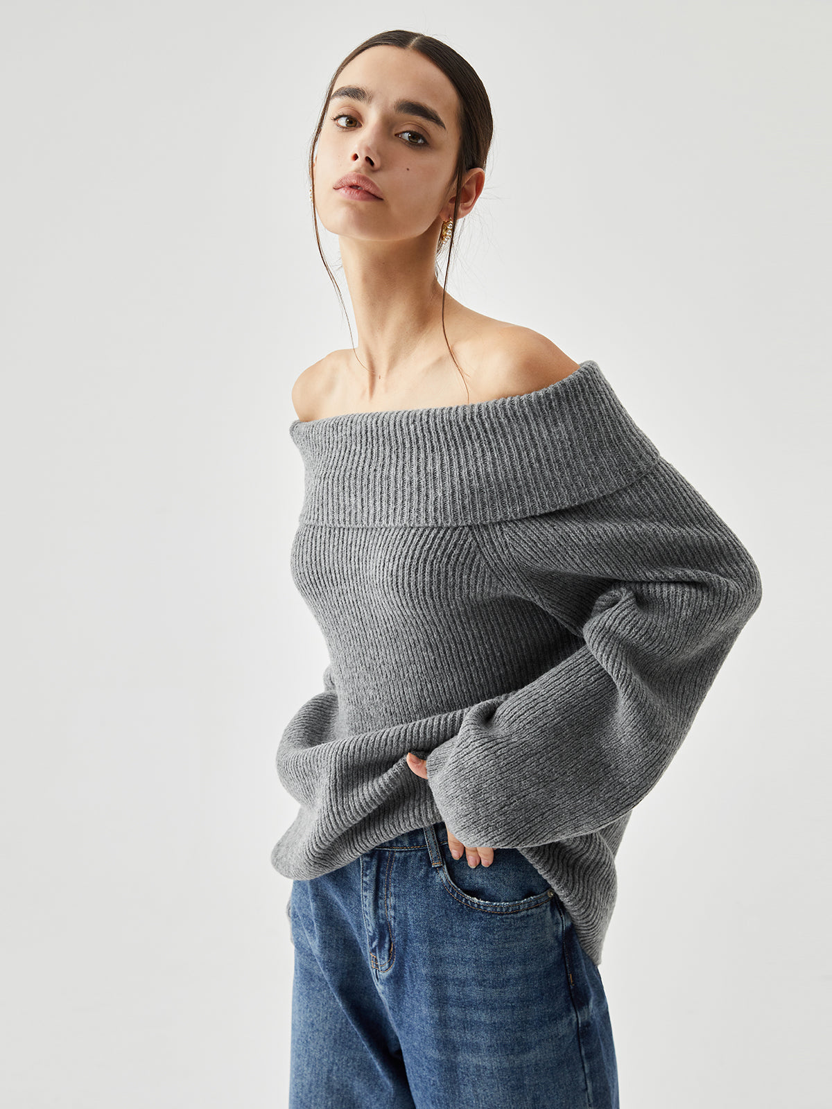 Oversized Overfold Off Shoulder Cozy Knit Sweater for Women
