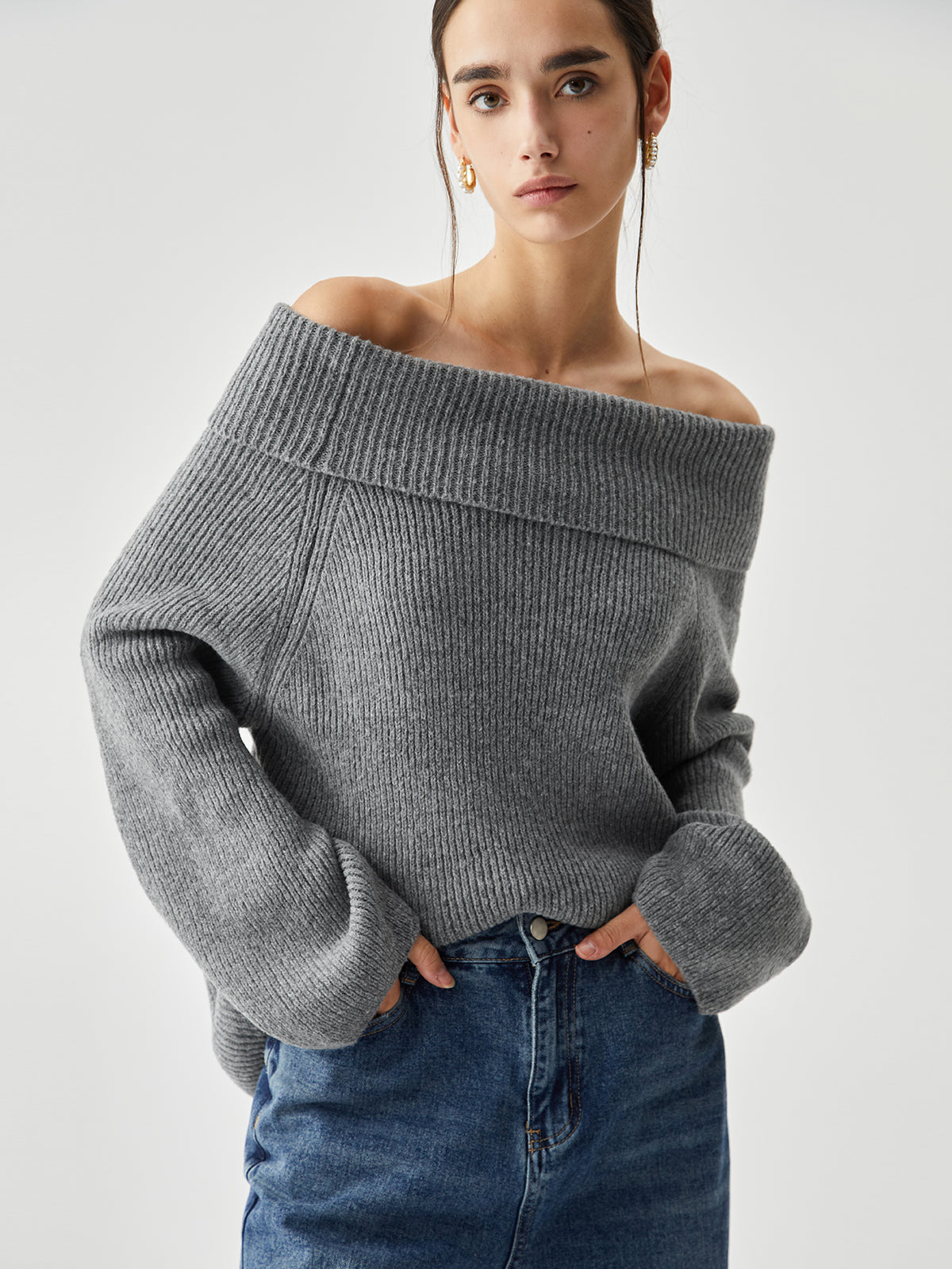 Oversized Overfold Off Shoulder Cozy Knit Sweater for Women