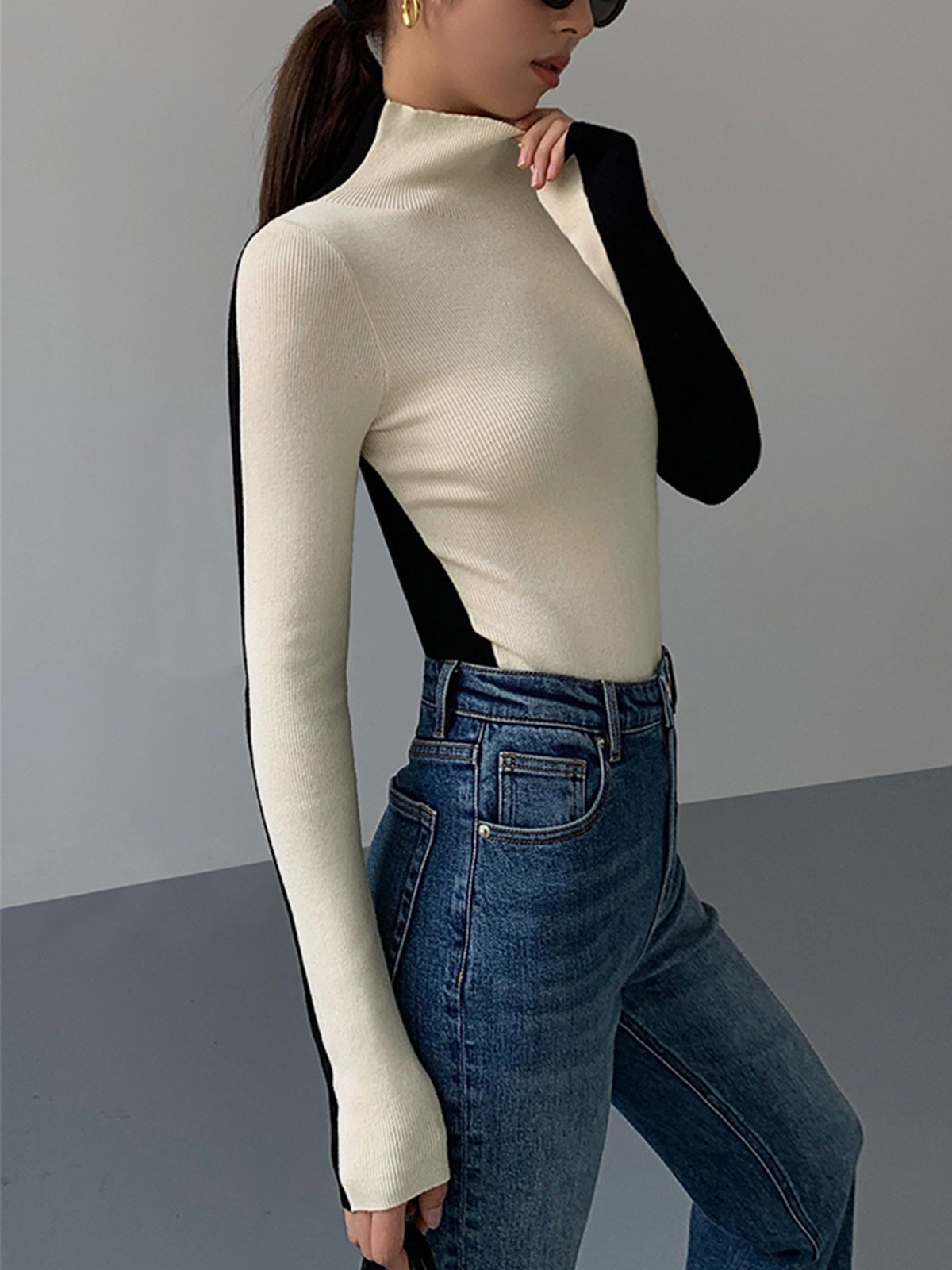 Two Tone Double Sided Long Sleeve Knit Top Women's Casual Layering
