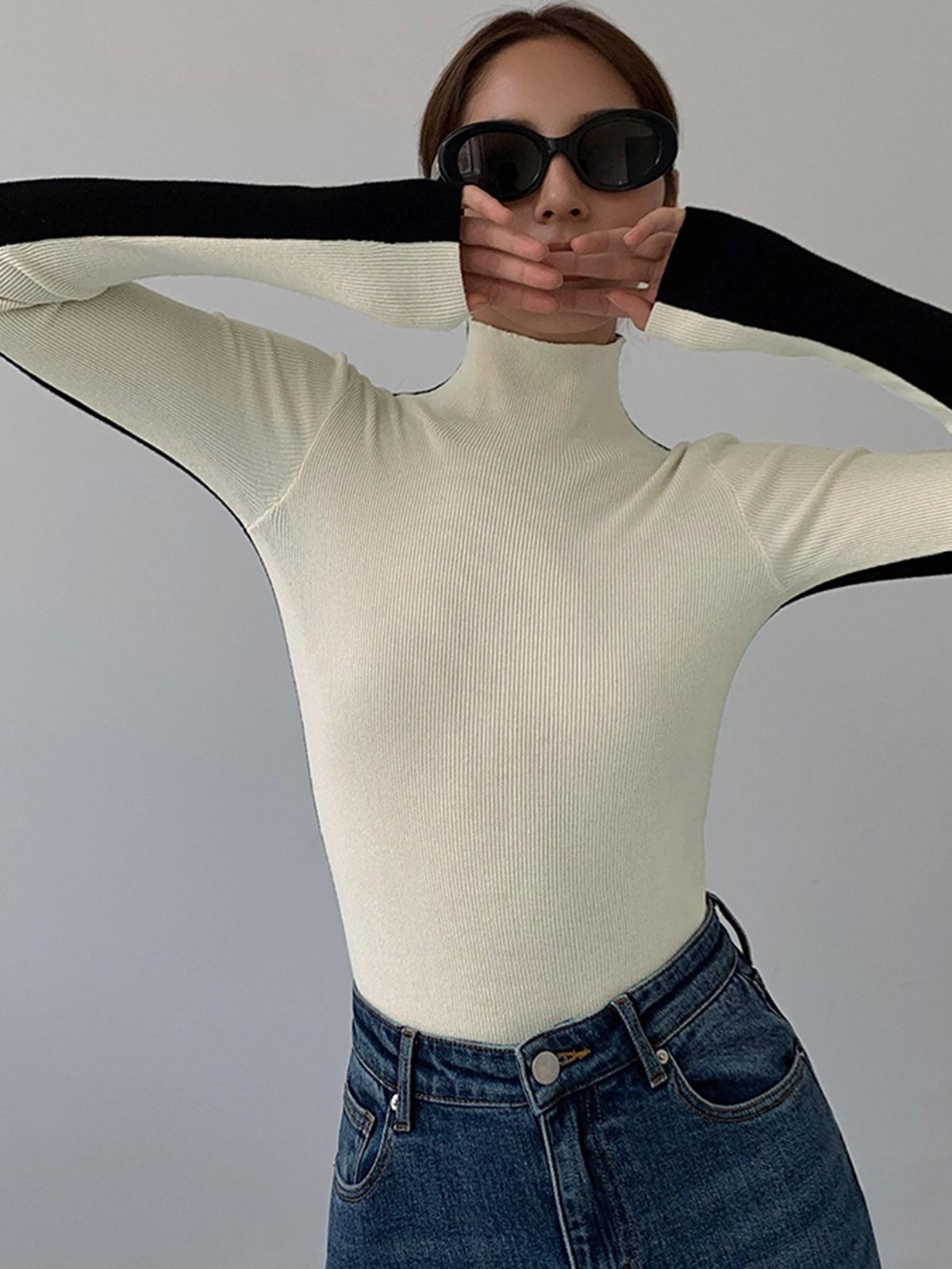 Two Tone Double Sided Long Sleeve Knit Top for Women Casual Wear