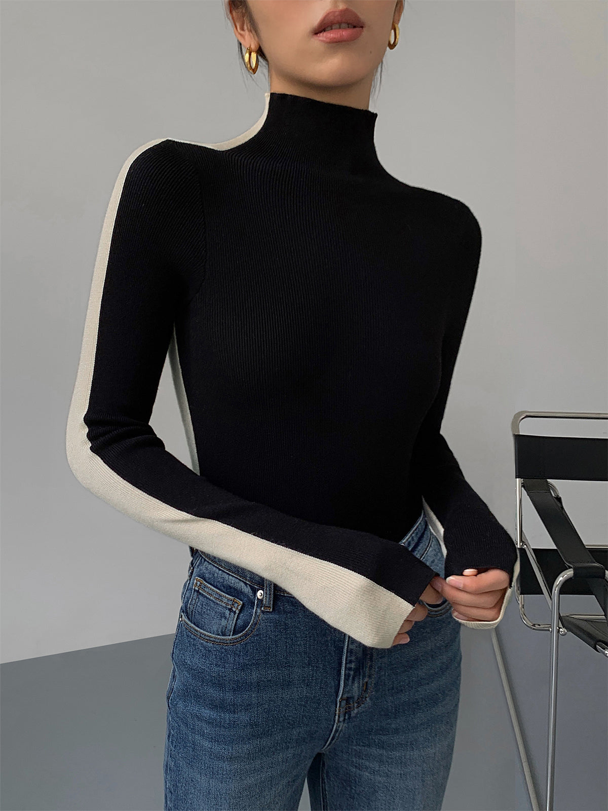 Two Tone Double Sided Long Sleeve Knit Top for Women Casual Wear