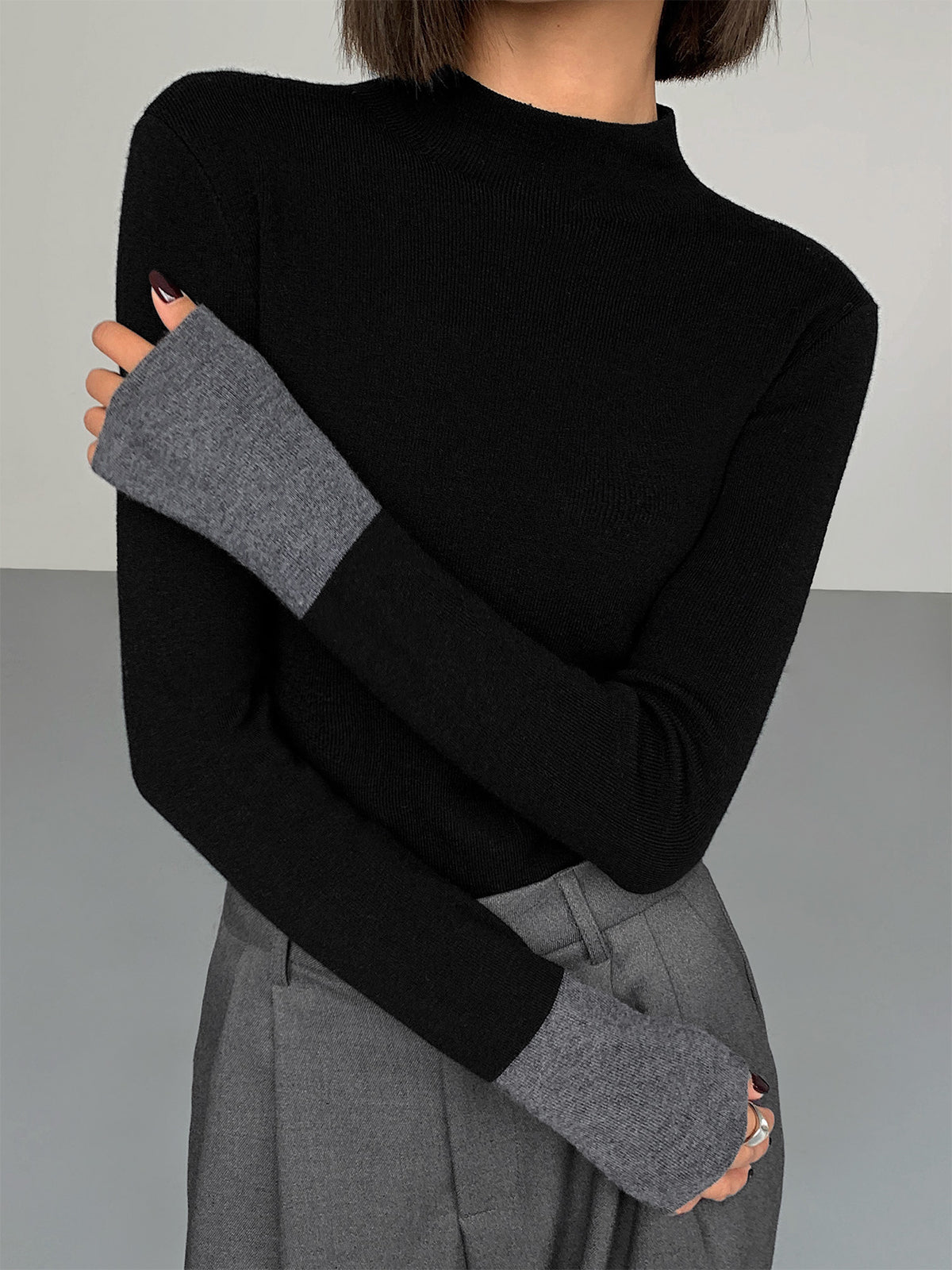 Long Sleeve Contrast Cuff Knit Top for Women Casual Wear