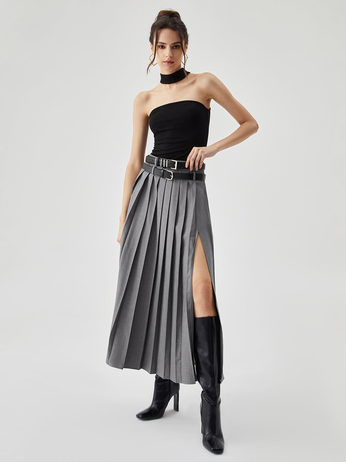 Pleated Split Maxi Skirt Without Belt for Women Casual Style