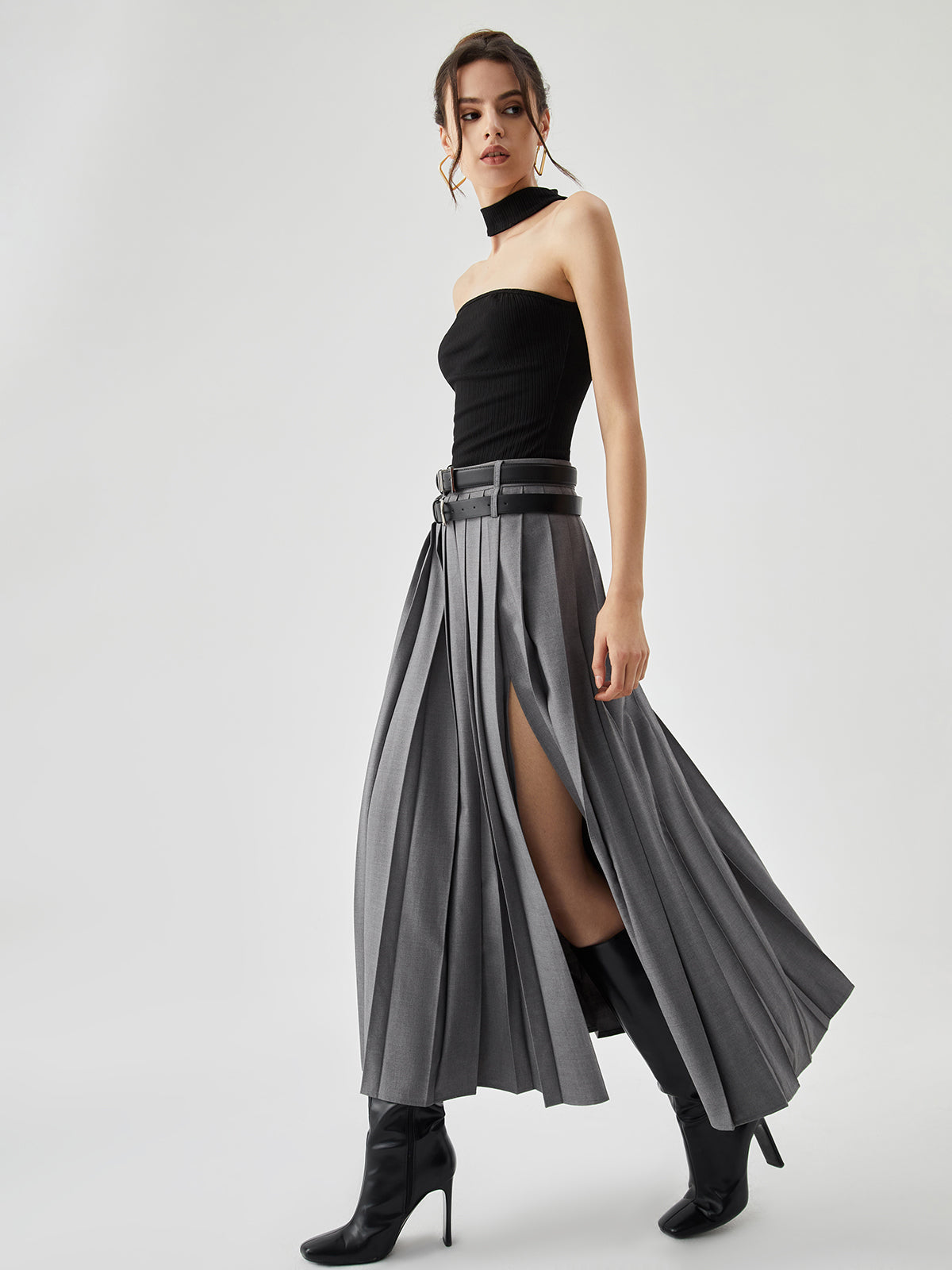 Pleated Split Maxi Skirt Without Belt for Women Casual Style