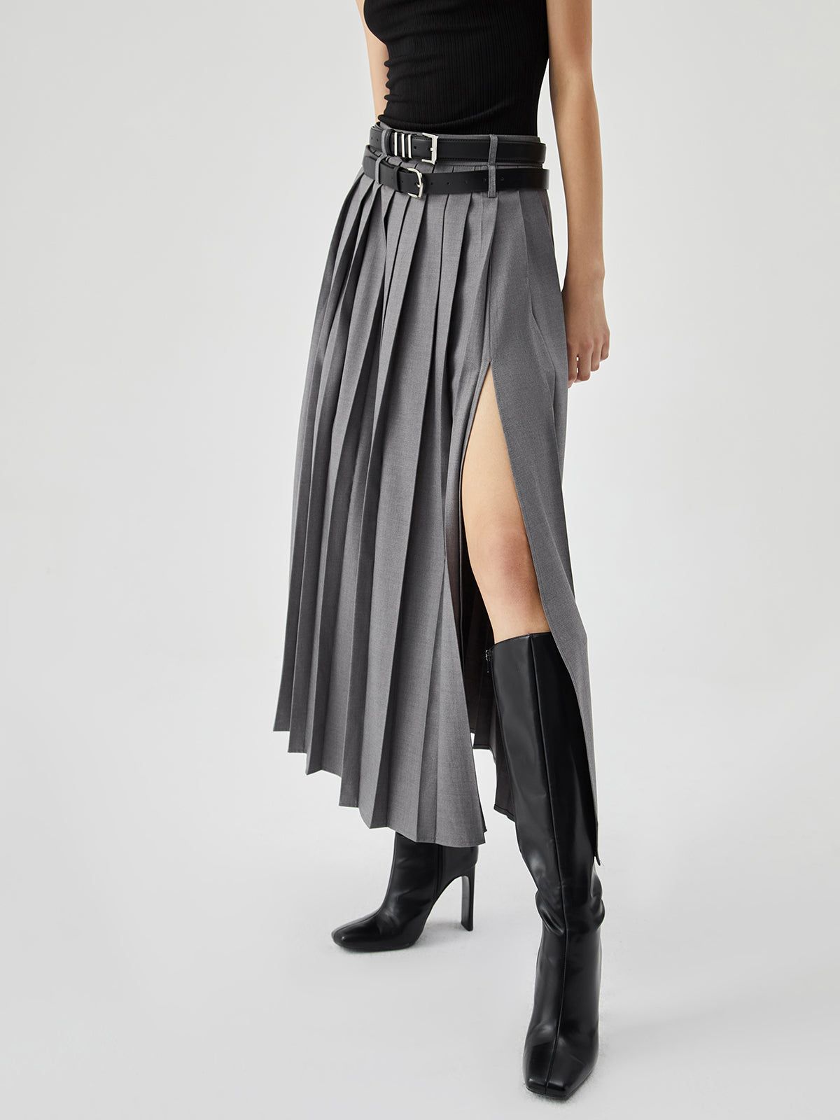 Pleated Split Maxi Skirt Without Belt for Women Casual Style