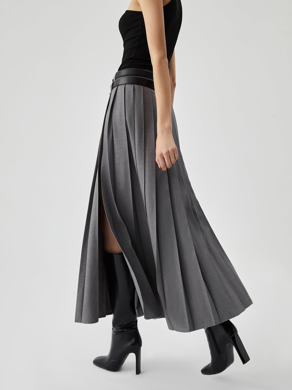 Pleated Split Maxi Skirt Without Belt for Women Casual Style