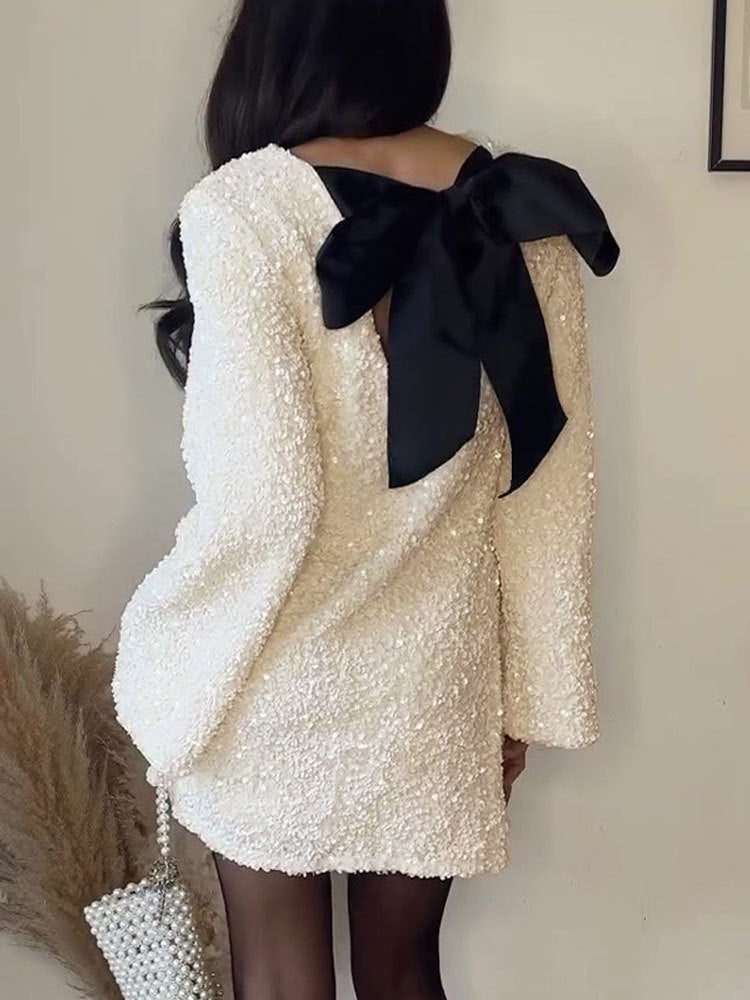 Sequins Velvet Bowknot Mini Dress Elegant Party Wear