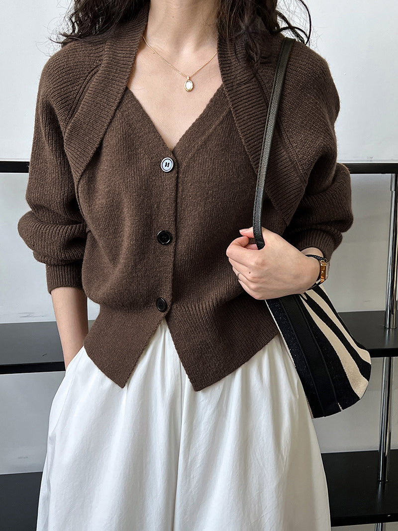 Patchwork V-neck Button Sweater Cozy Knit Winter Fashion