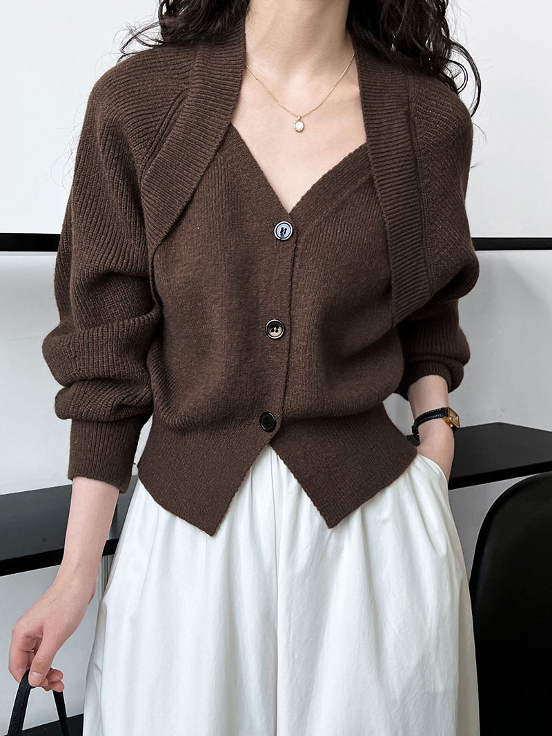 Patchwork V-neck Button Sweater Cozy Knit Winter Fashion