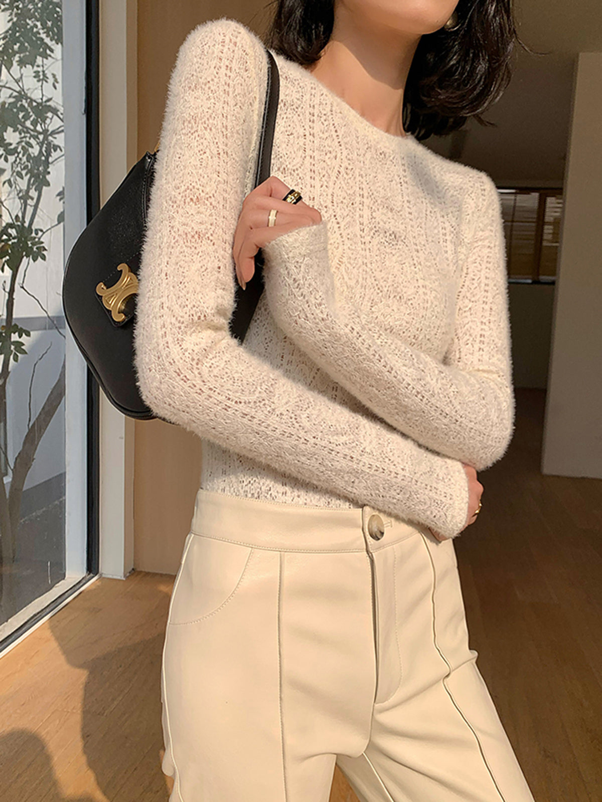 Floral Hollow Knit Crew Neck Long Sleeve Top Women's Casual Fashion