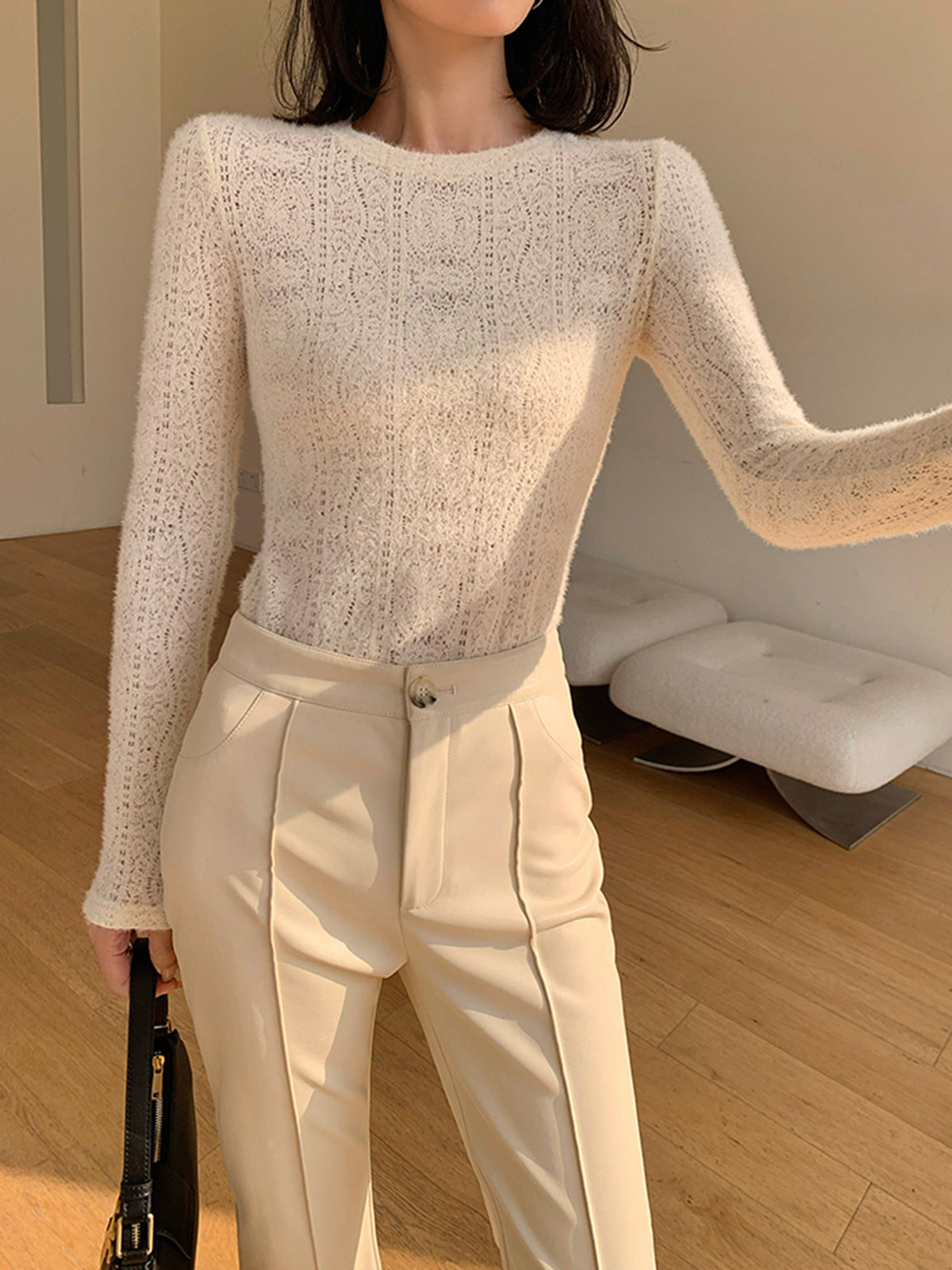 Floral Hollow Knit Crew Neck Long Sleeve Top Women's Casual Fashion