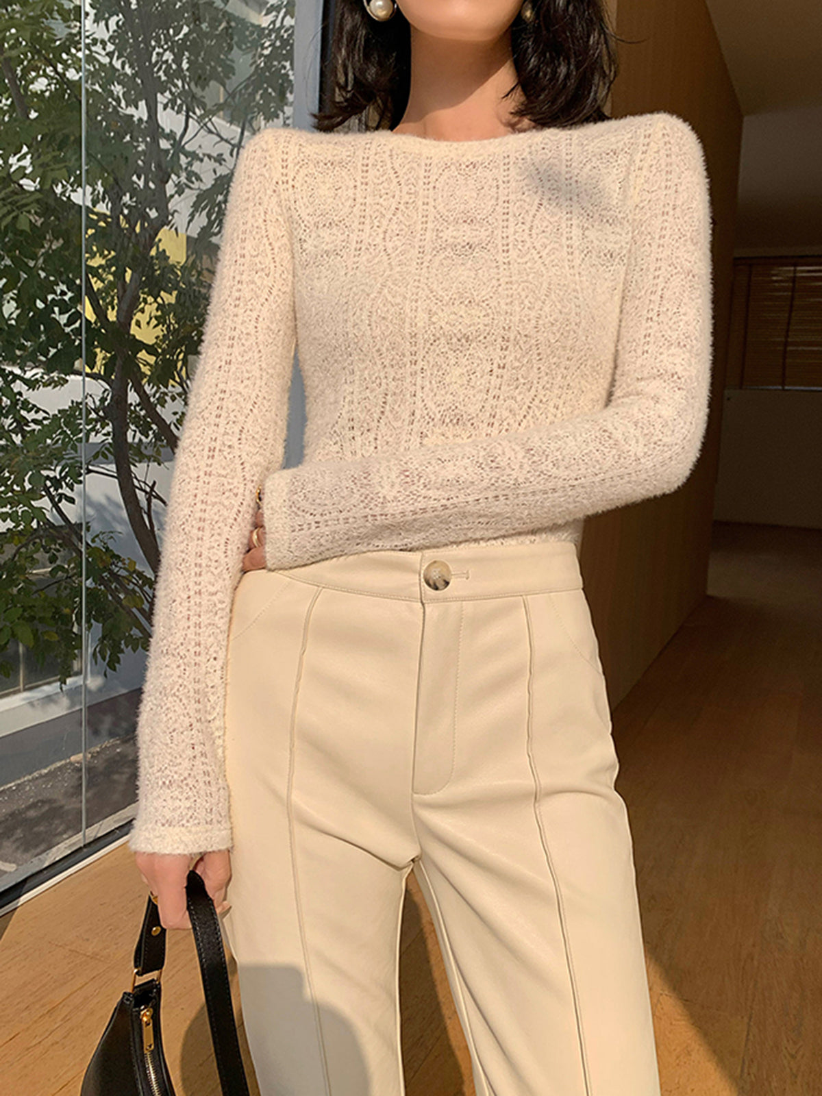 Floral Hollow Knit Crew Neck Long Sleeve Top Women's Casual Fashion