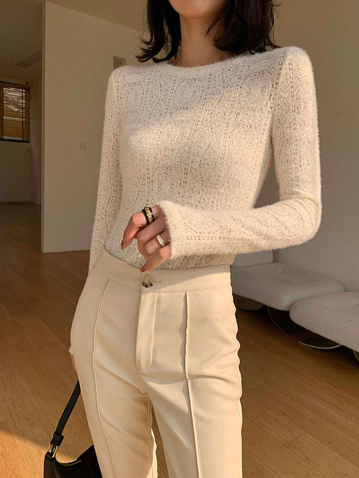 Floral Hollow Knit Crew Neck Long Sleeve Top Women's Casual Fashion