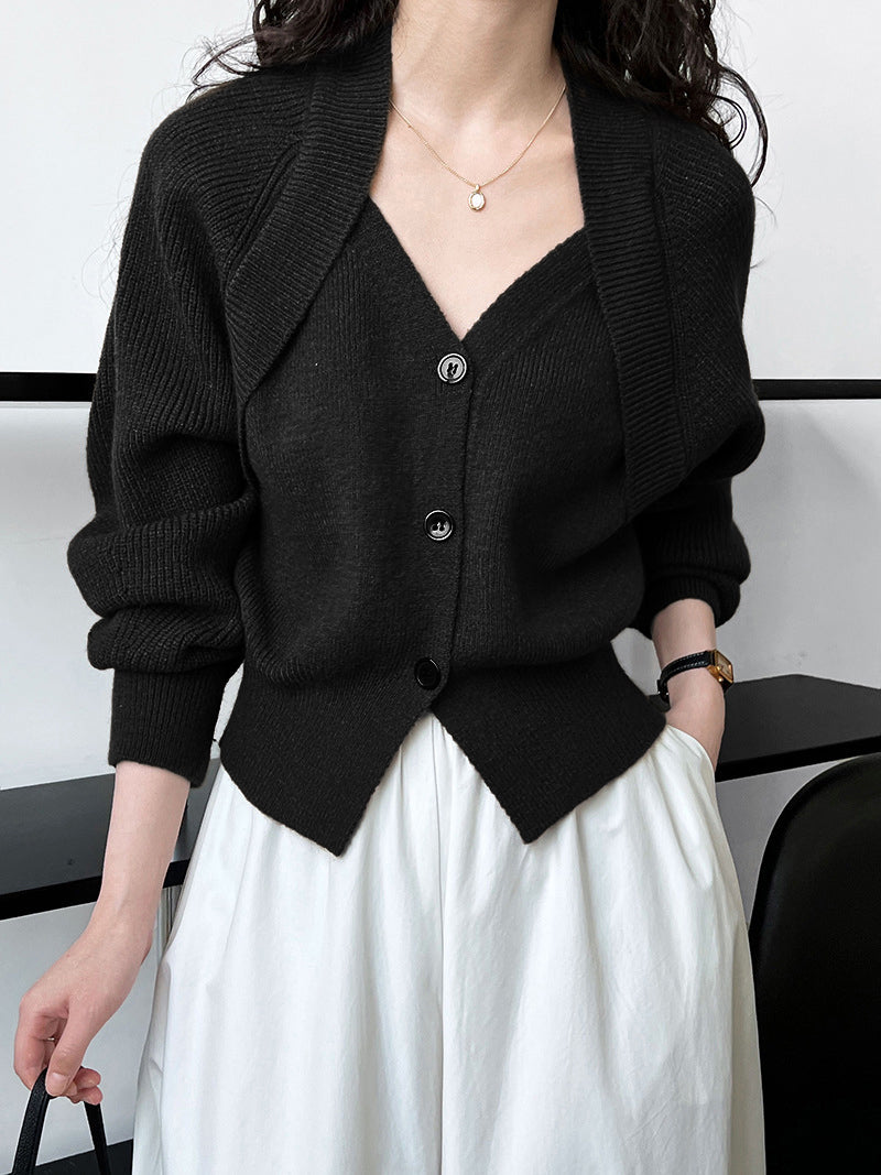 Patchwork V-neck Button Sweater Cozy Knit Winter Fashion