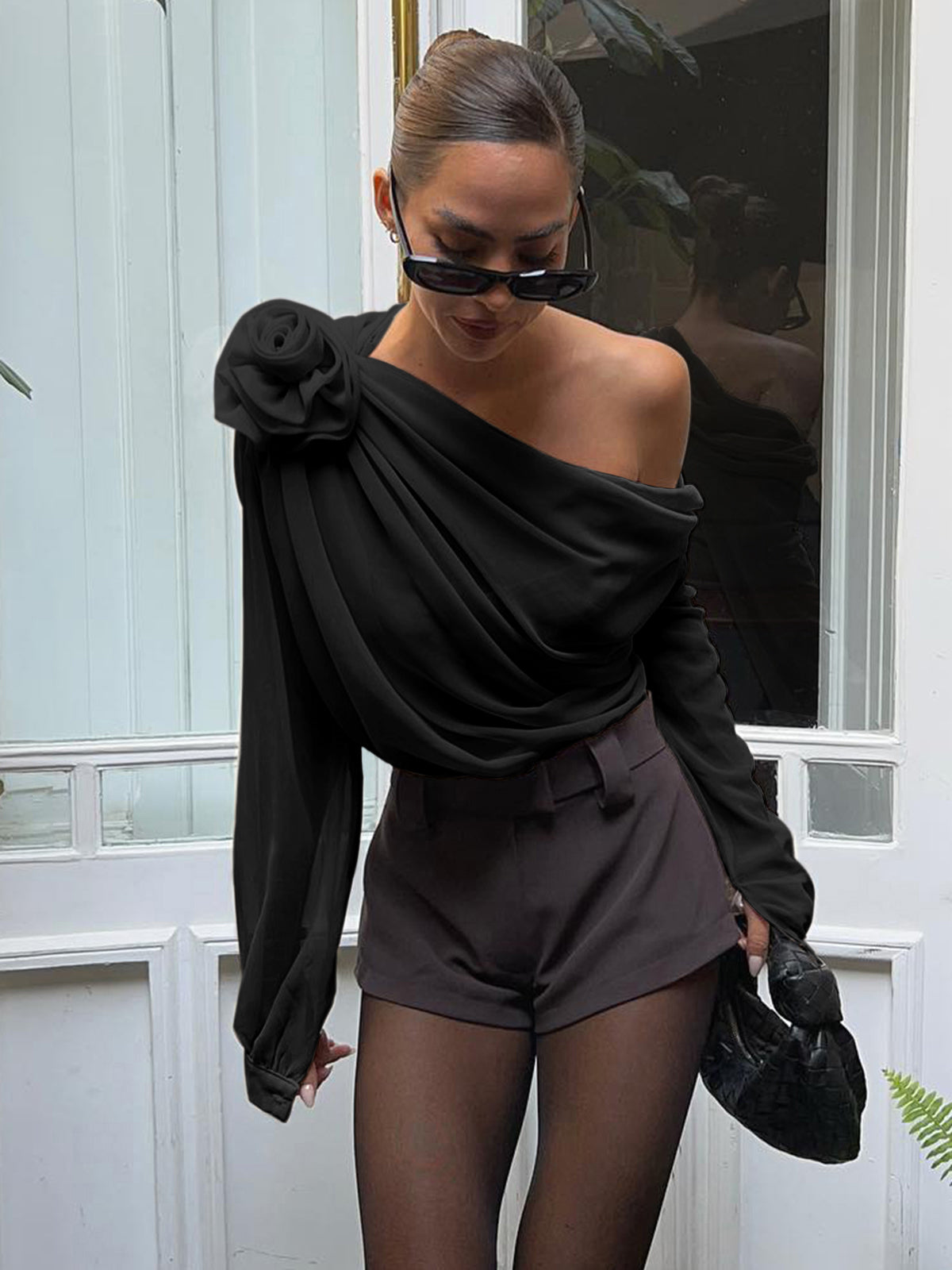 Chiffon Semi-Sheer One Shoulder Asymmetrical Blouse, Elegant Evening Wear Top