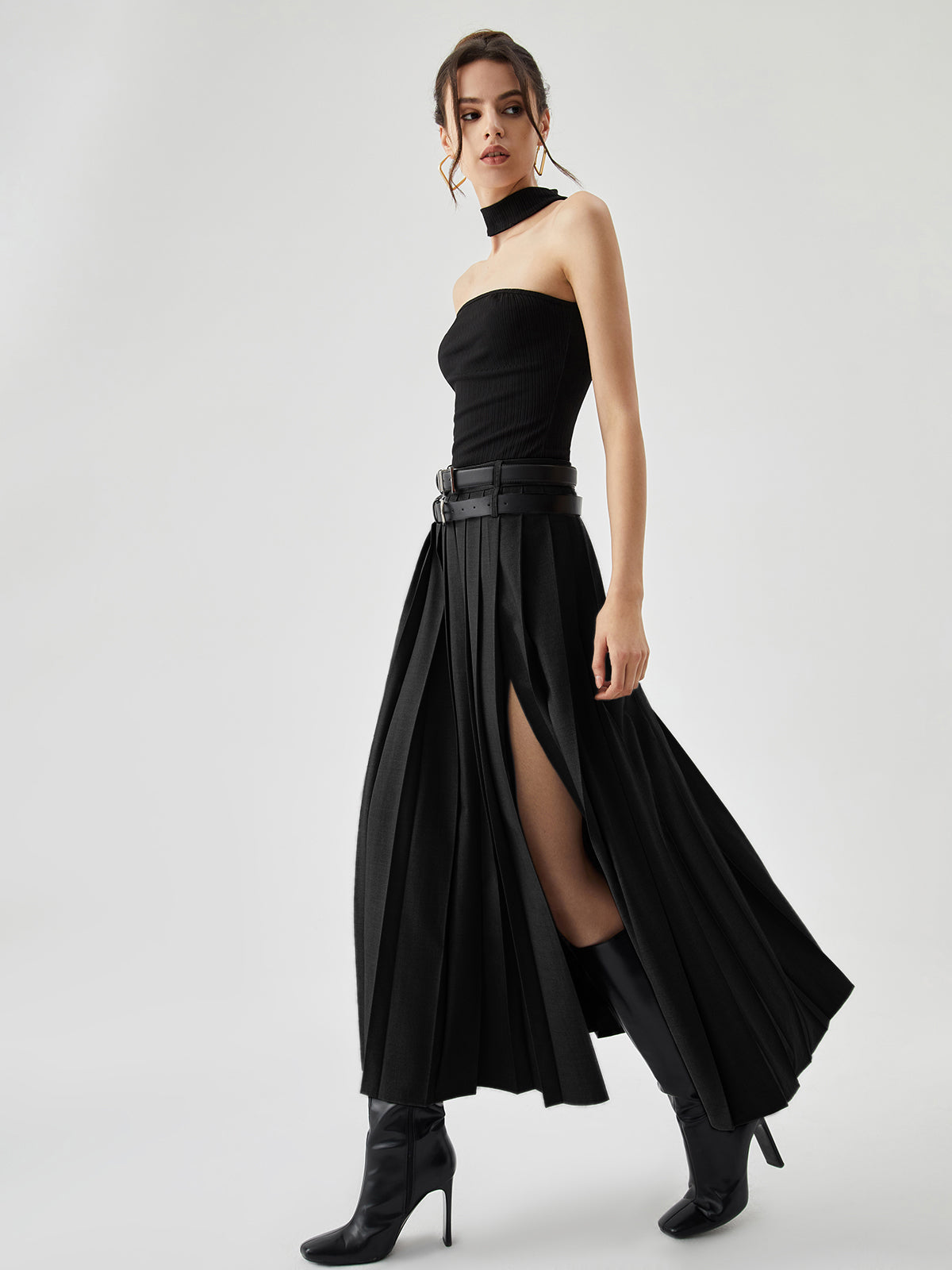 Pleated Split Maxi Skirt Without Belt for Women Casual Style