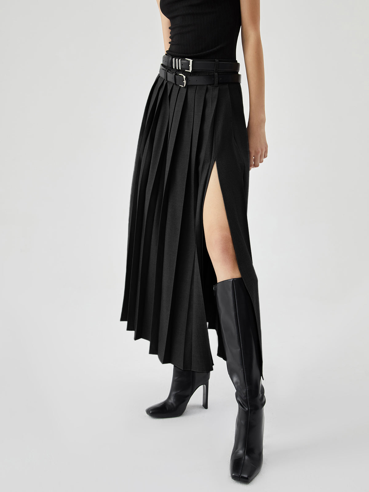 Pleated Split Maxi Skirt Without Belt for Women Casual Style