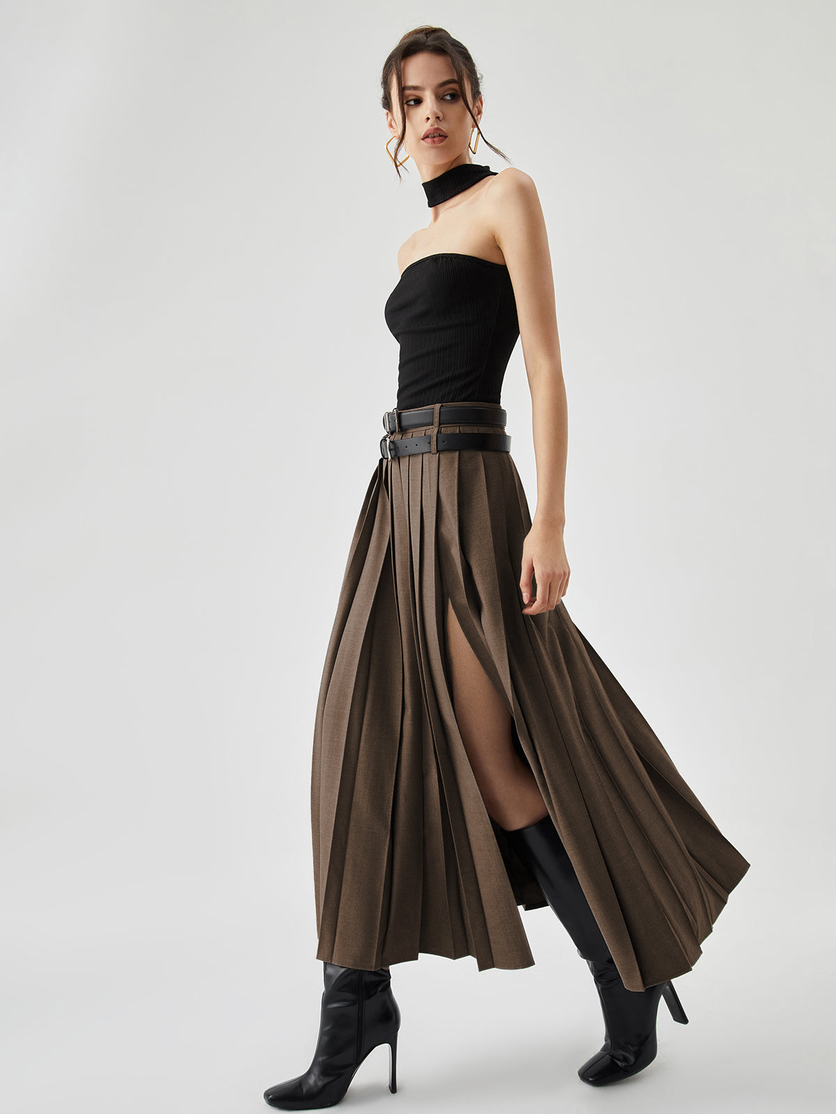 Pleated Split Maxi Skirt Without Belt for Women Casual Style