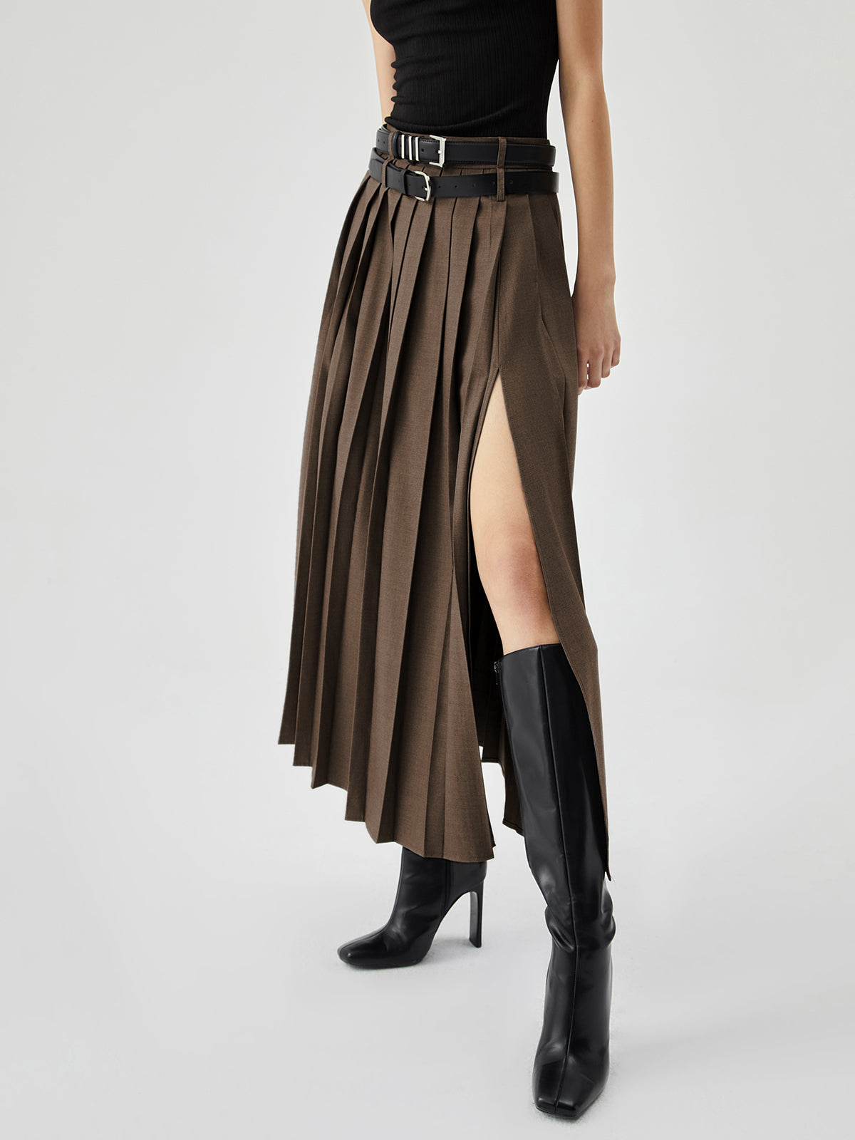 Pleated Split Maxi Skirt Without Belt for Women Casual Style