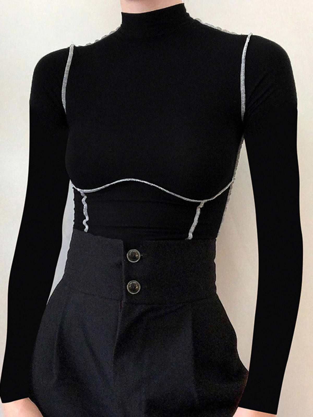 Contrast Trim Mock Neck Long Sleeve Top Women's Casual Fit