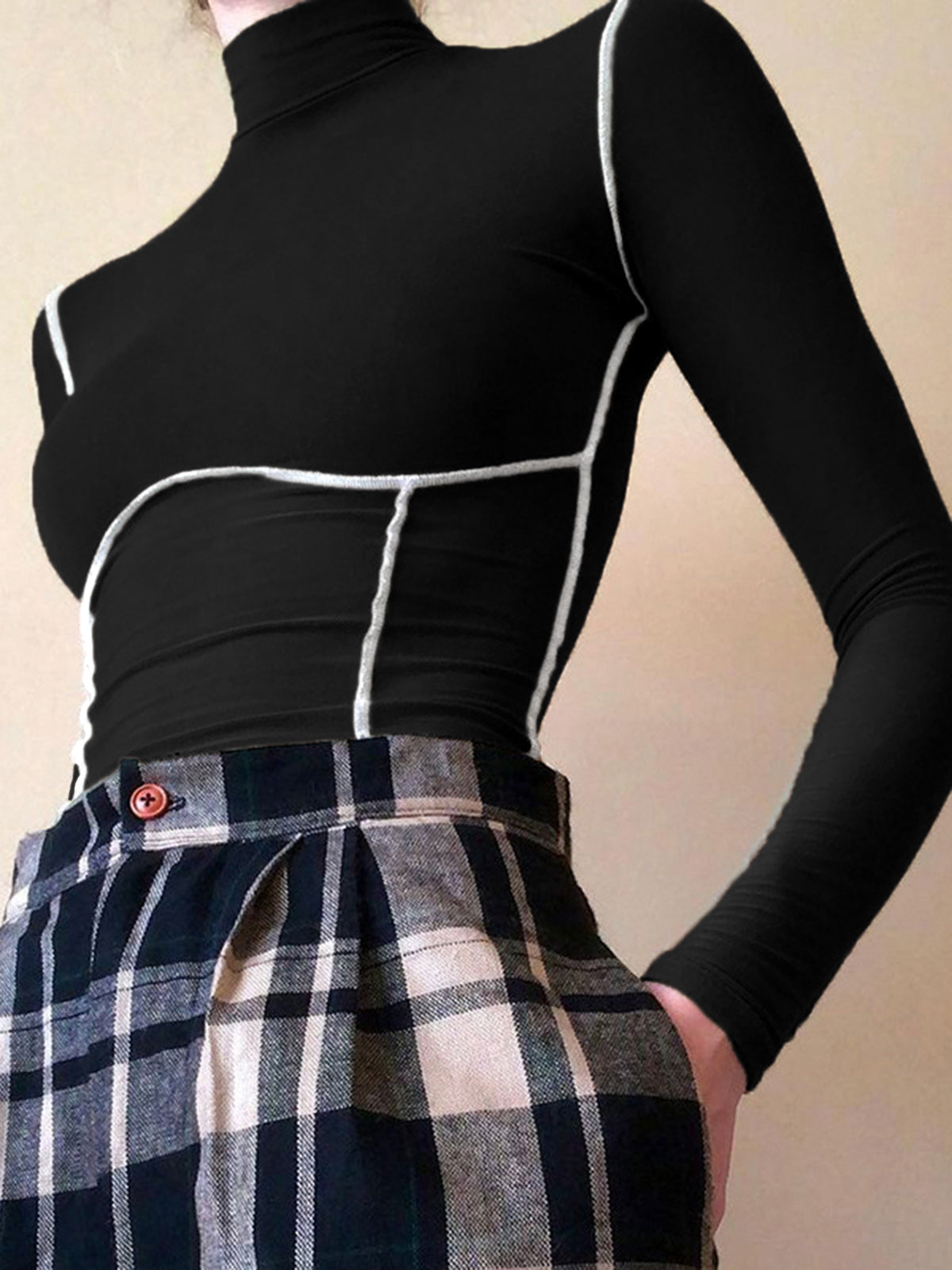 Contrast Trim Mock Neck Long Sleeve Top Women's Casual Fit