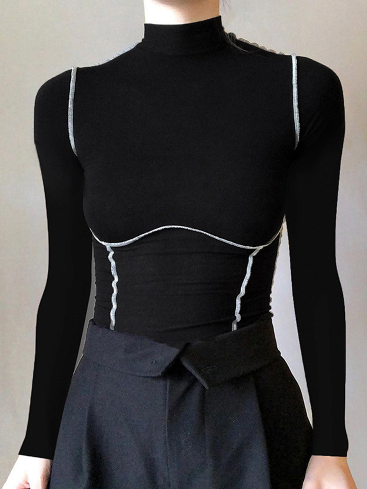Contrast Trim Mock Neck Long Sleeve Top Women's Casual Fit