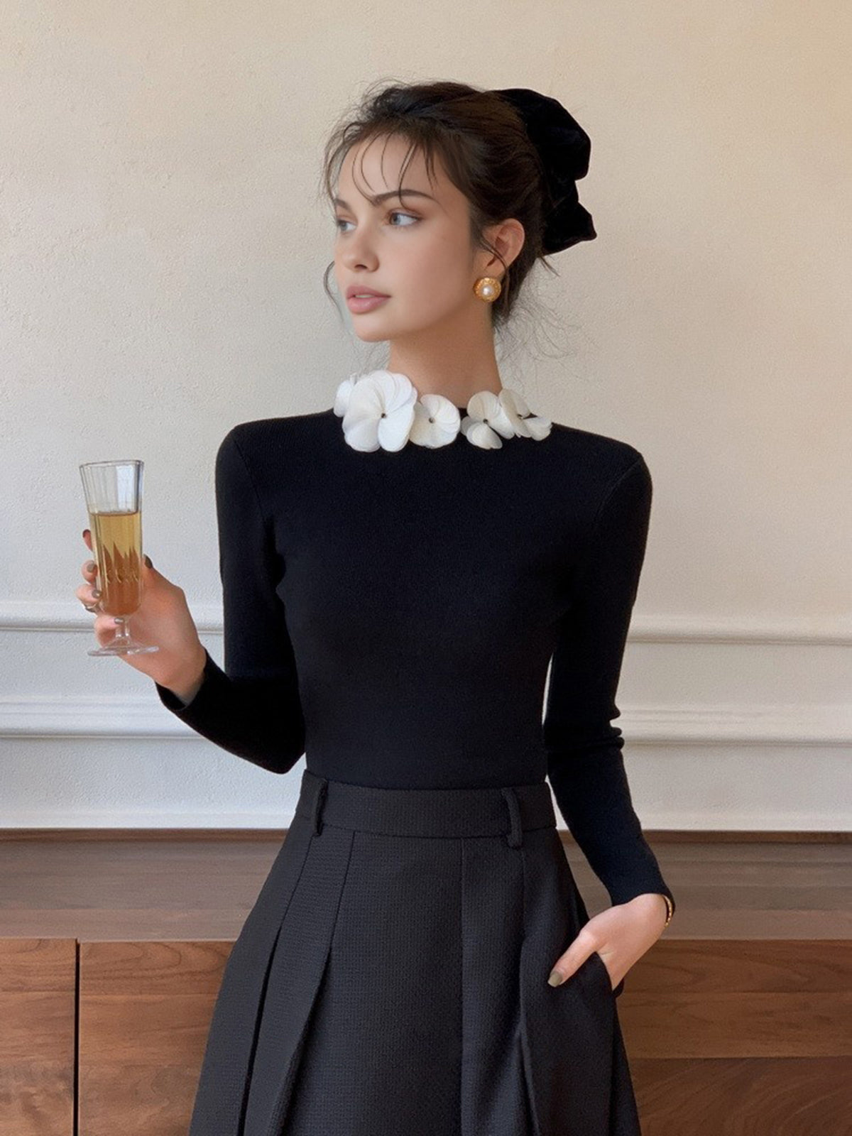 Solid Long Sleeve Floral Knit Top for Women Casual Wear