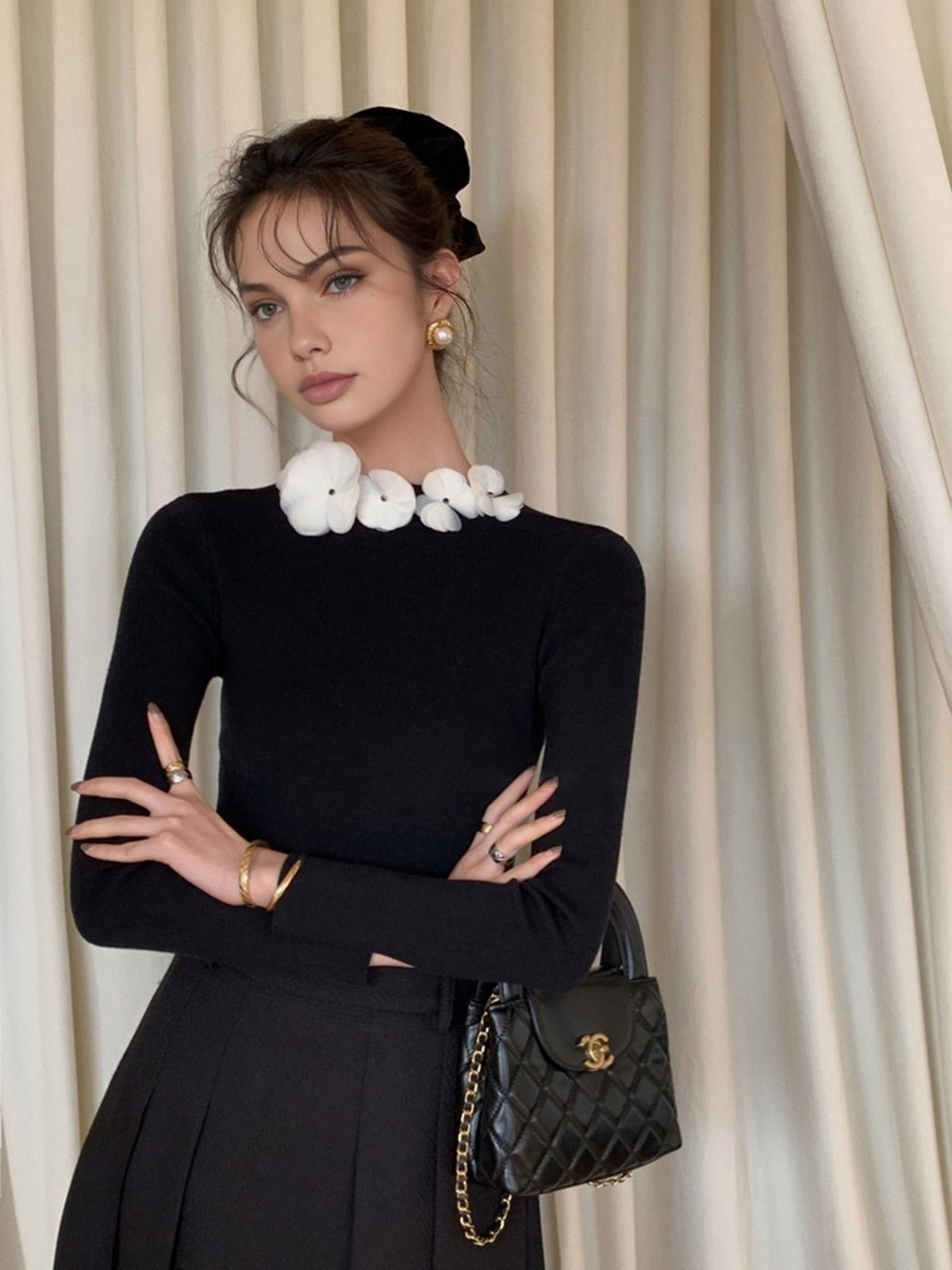 Solid Long Sleeve Floral Knit Top for Women Casual Wear