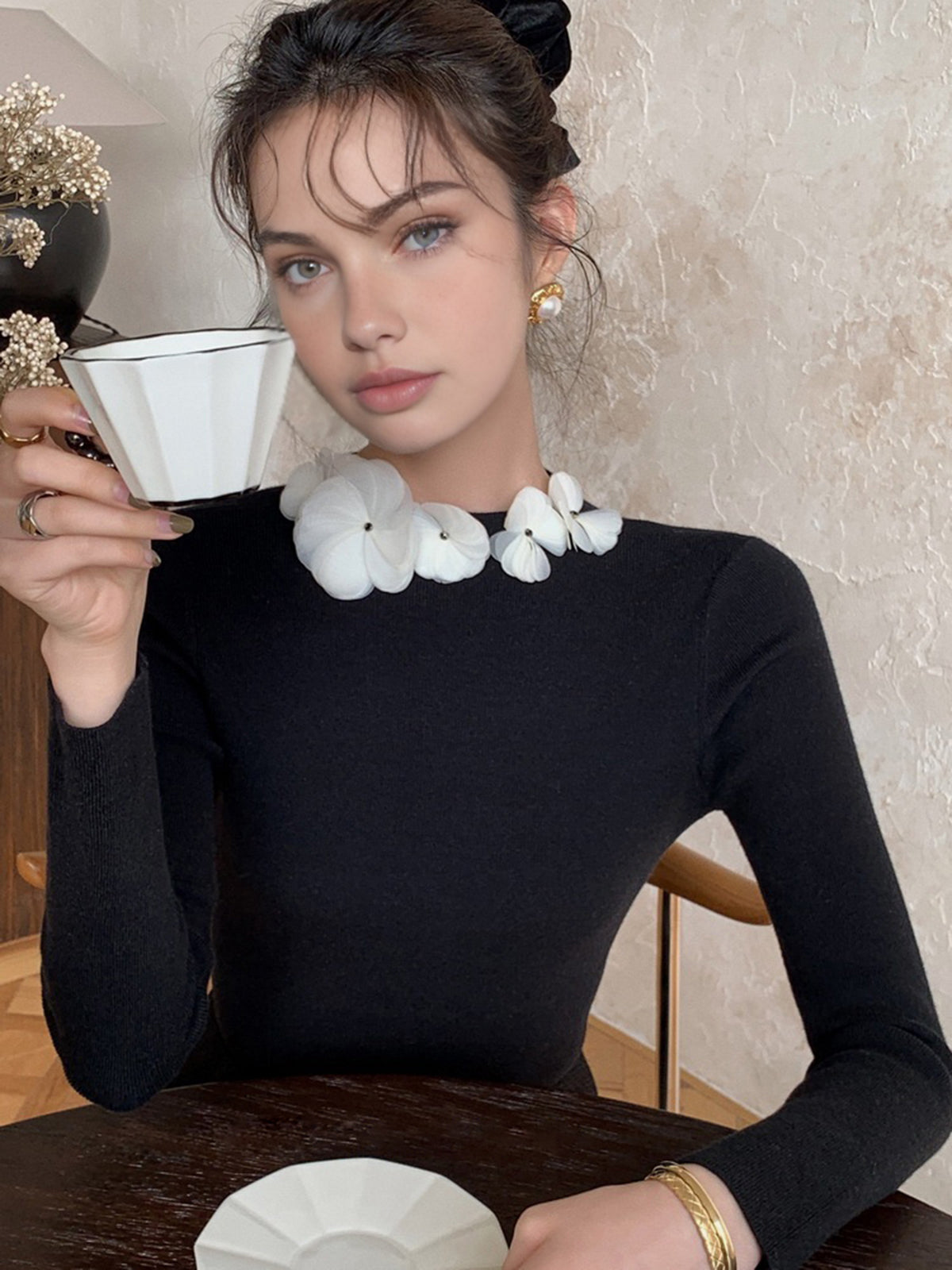 Solid Long Sleeve Floral Knit Top for Women Casual Wear