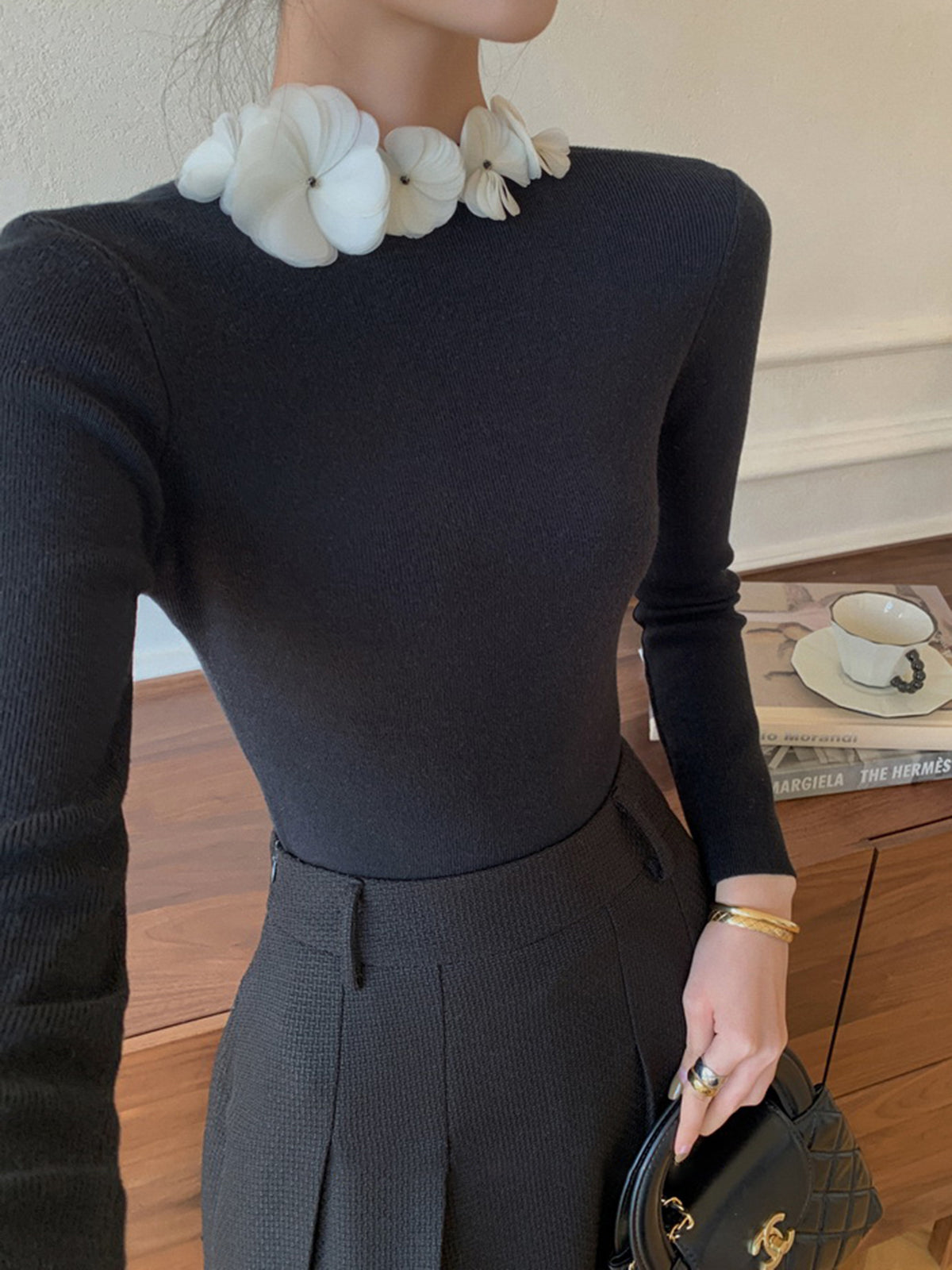 Solid Long Sleeve Floral Knit Top for Women Casual Wear