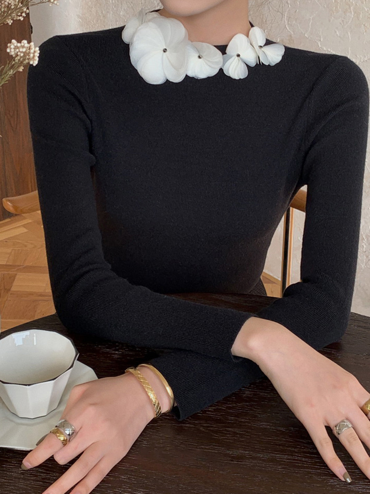 Solid Long Sleeve Floral Knit Top for Women Casual Wear