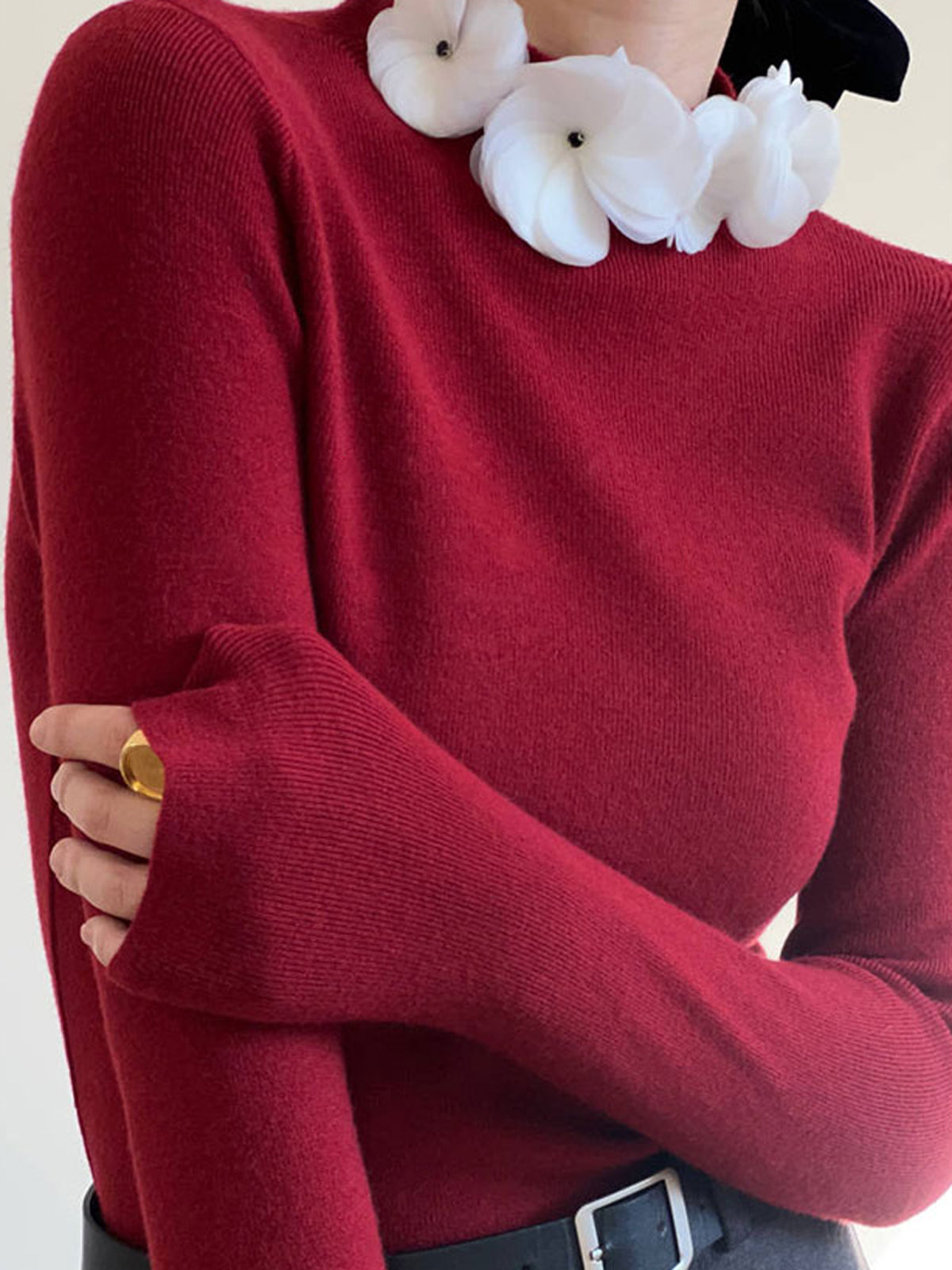 Solid Long Sleeve Floral Knit Top for Women Casual Wear