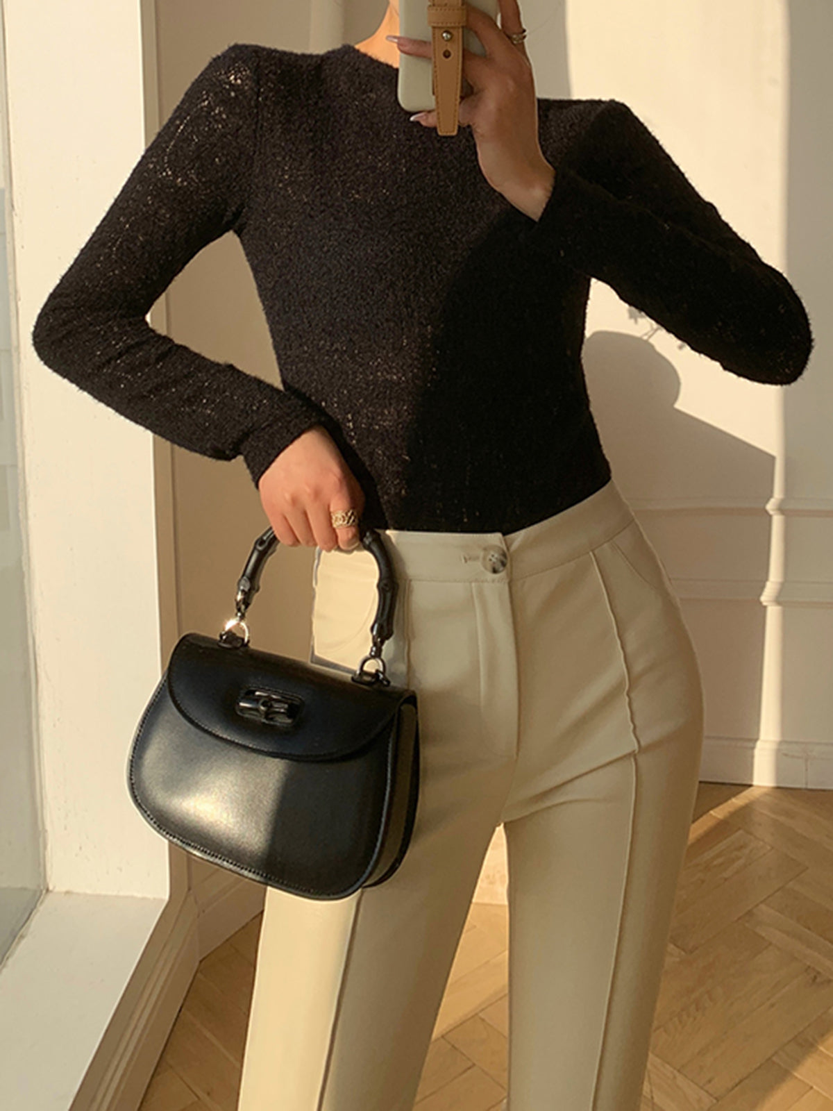 Floral Hollow Knit Crew Neck Long Sleeve Top Women's Casual Fashion