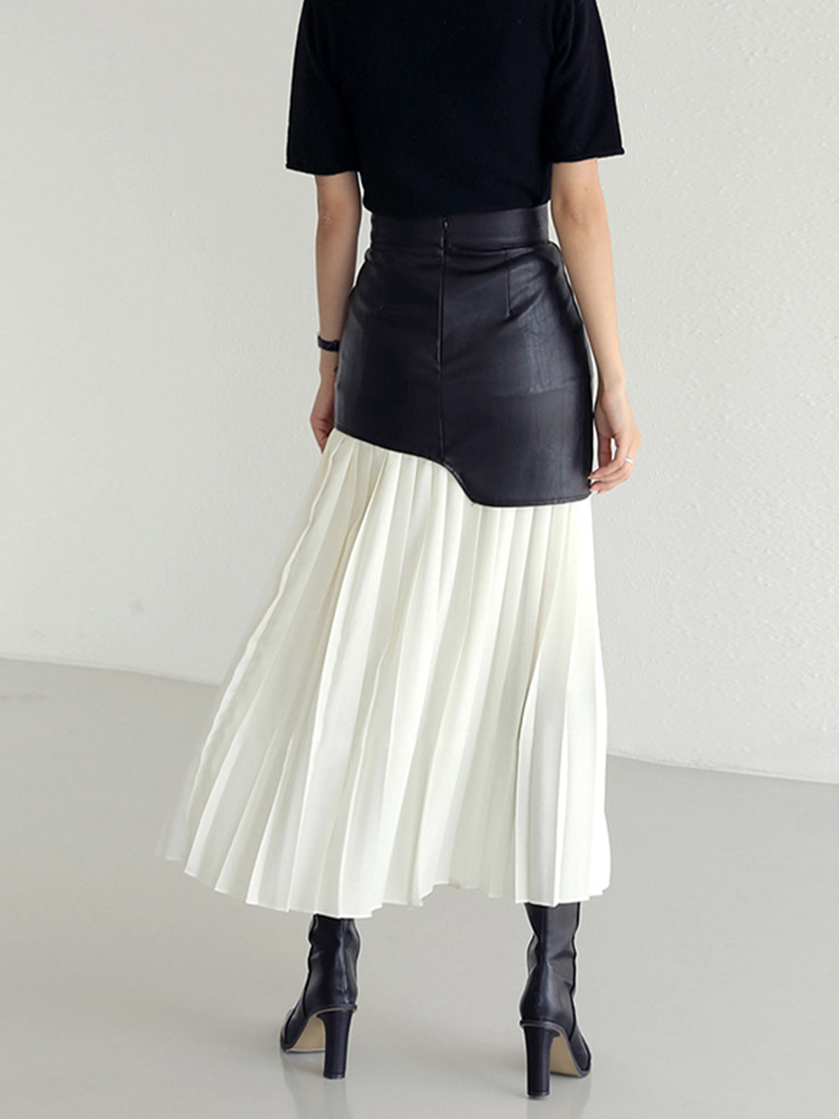 Asymmetric Patchwork Faux Leather Chiffon Pleated Maxi Skirt Trendy Women's Fashion