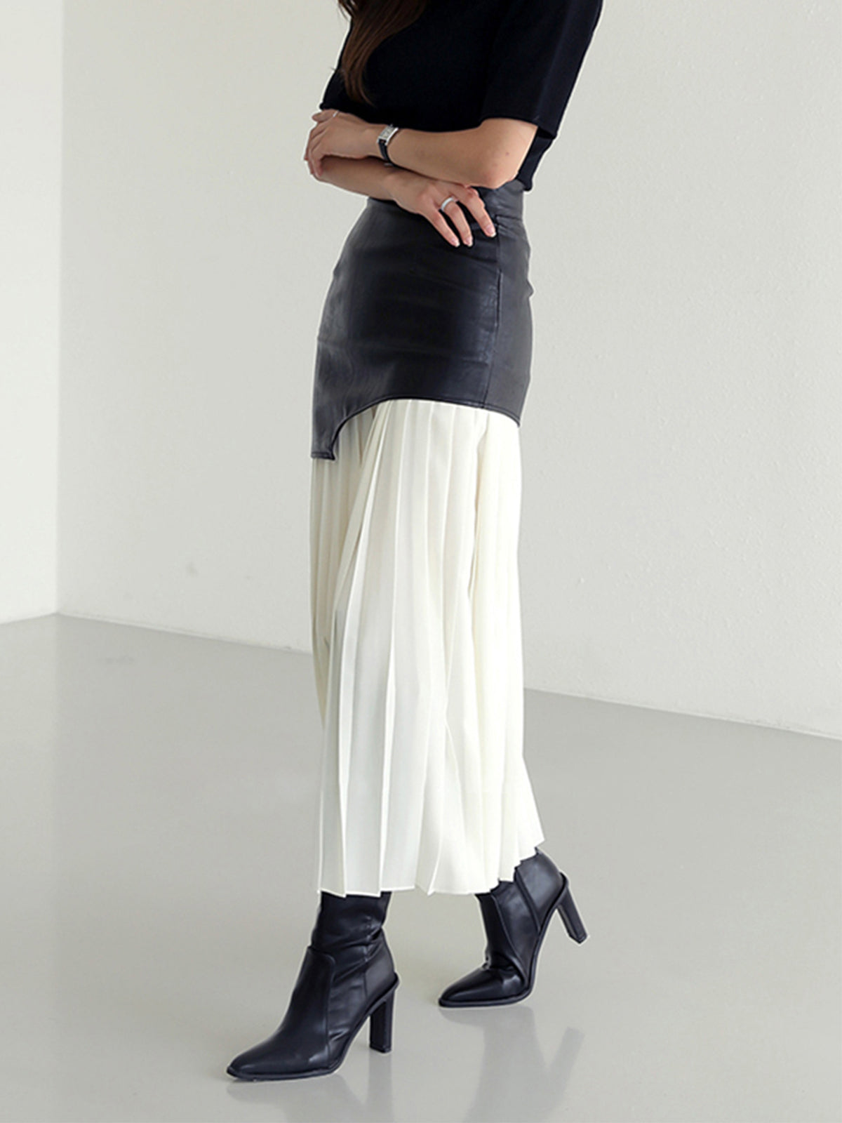 Asymmetric Patchwork Faux Leather Chiffon Pleated Maxi Skirt Trendy Women's Fashion
