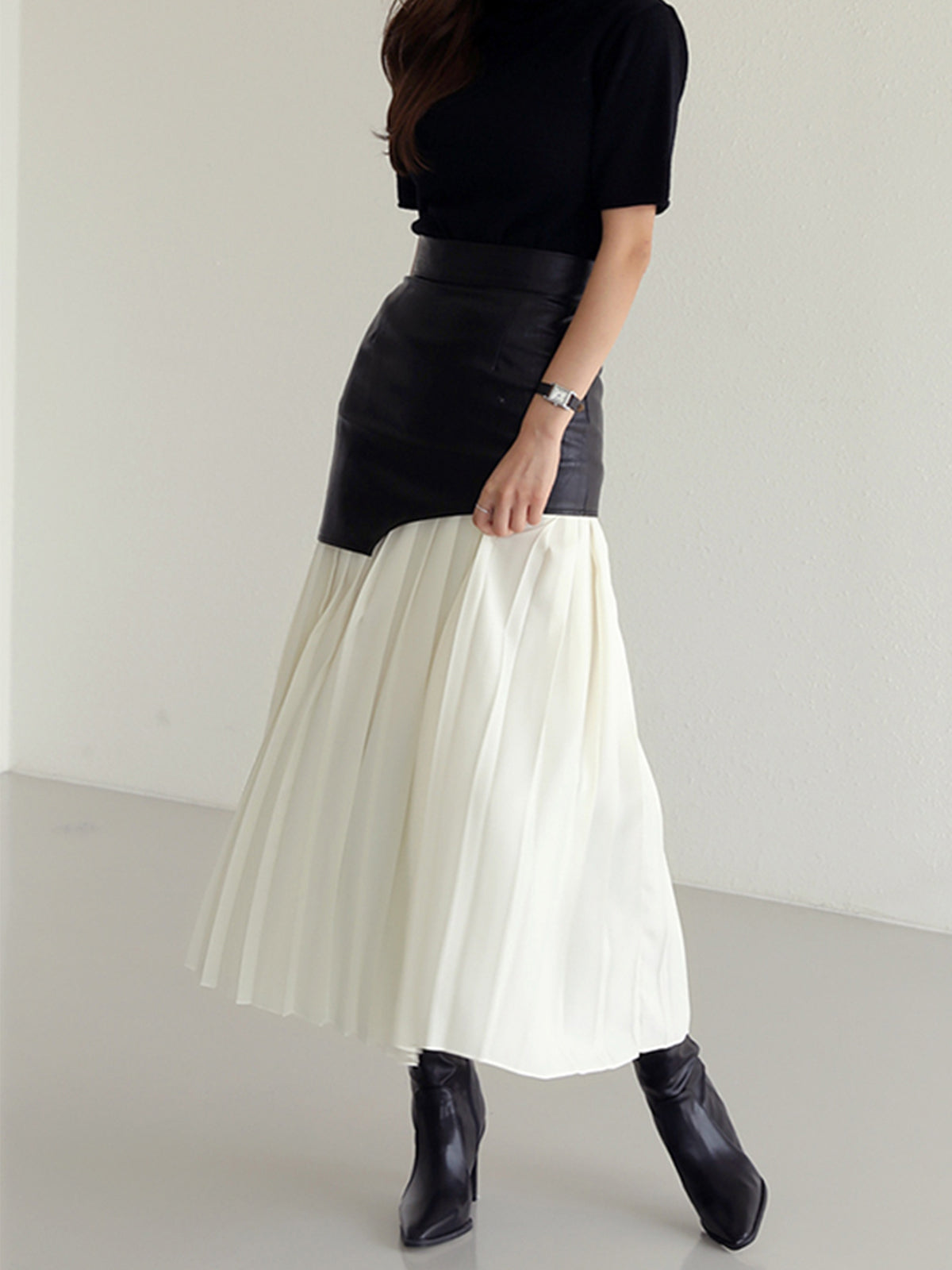 Asymmetric Patchwork Faux Leather Chiffon Pleated Maxi Skirt Trendy Women's Fashion